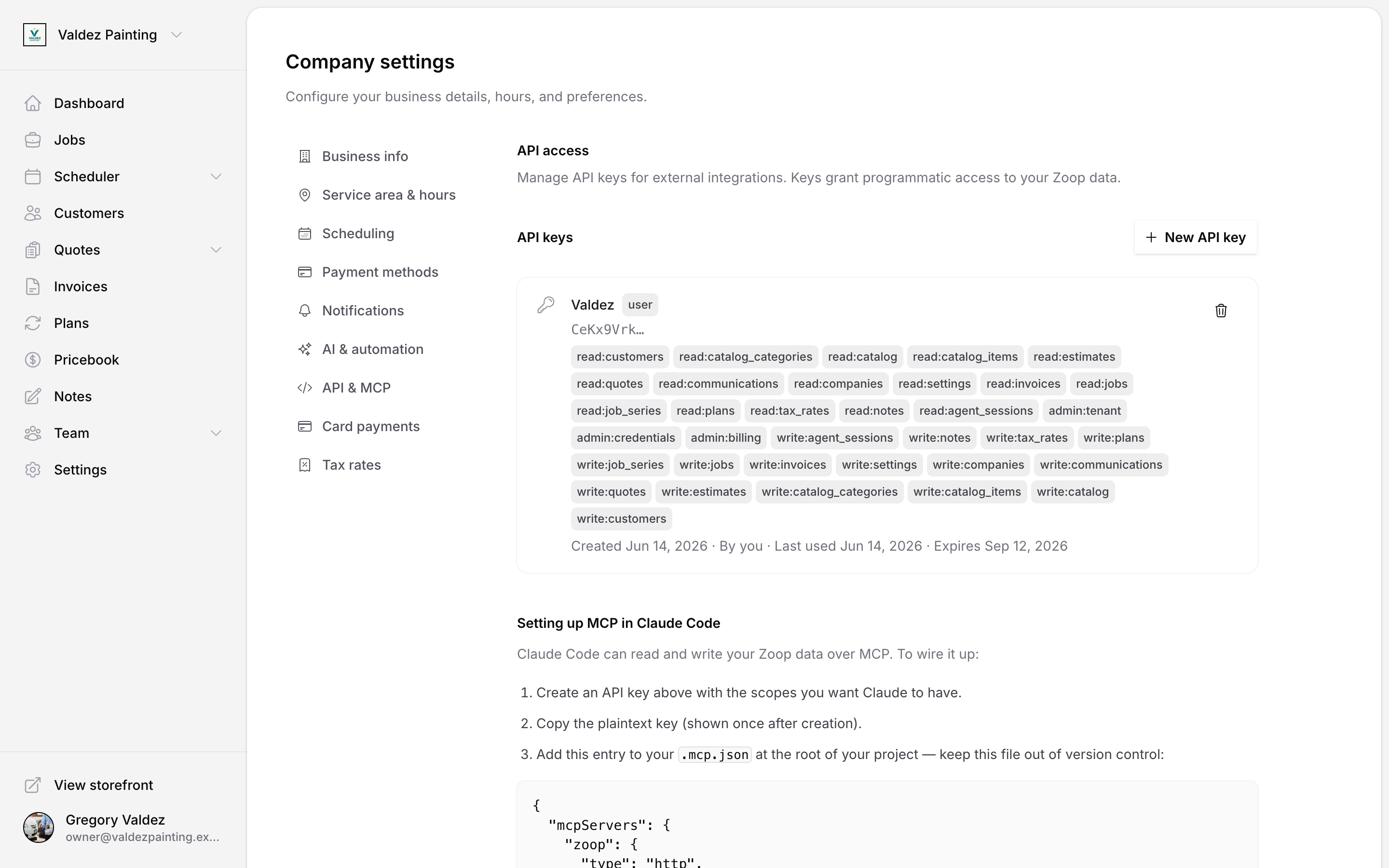 Settings → API & MCP page showing an existing user key with its scopes and the New API key button