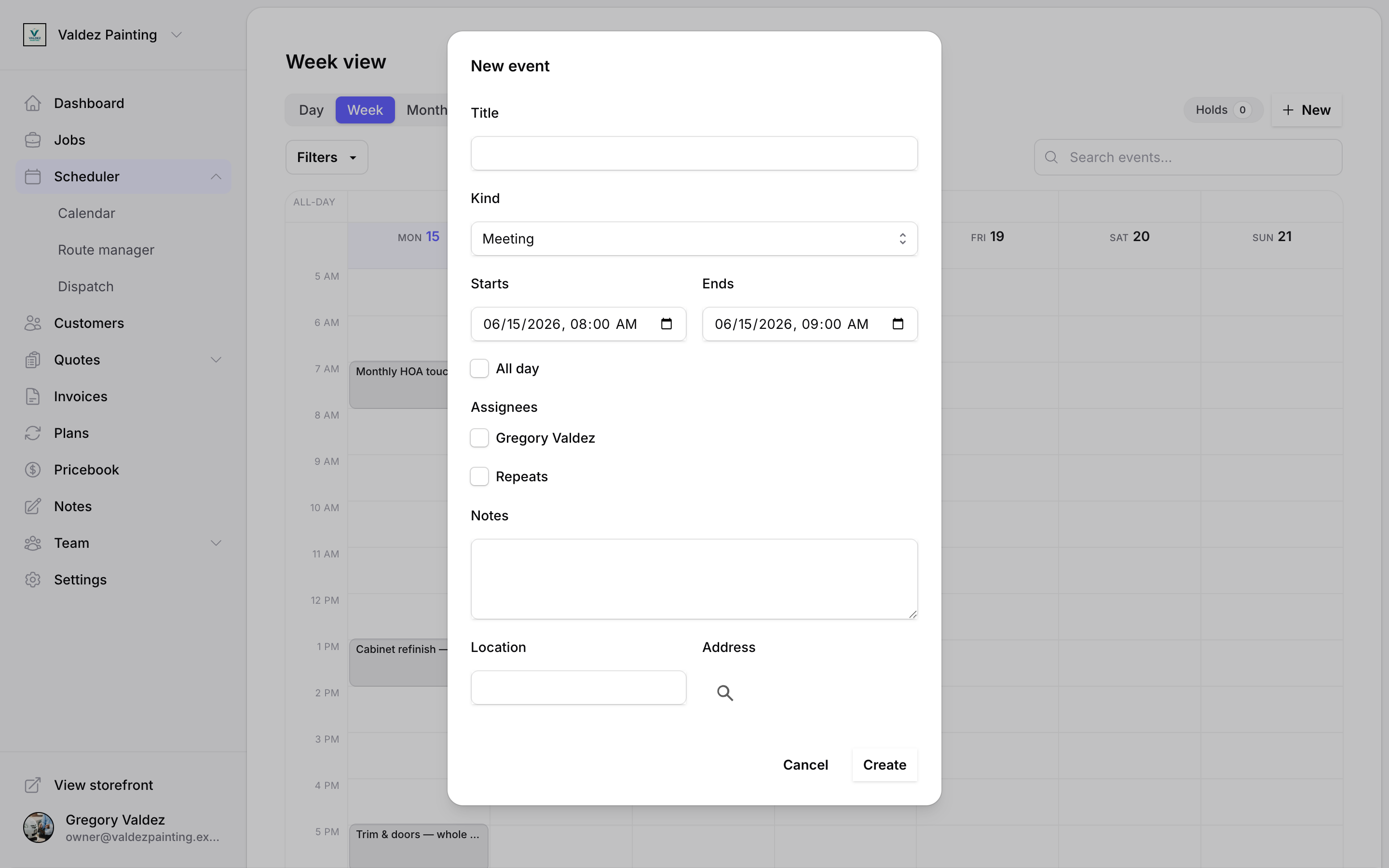 The new event modal with title, kind, start and end times, assignees, and notes