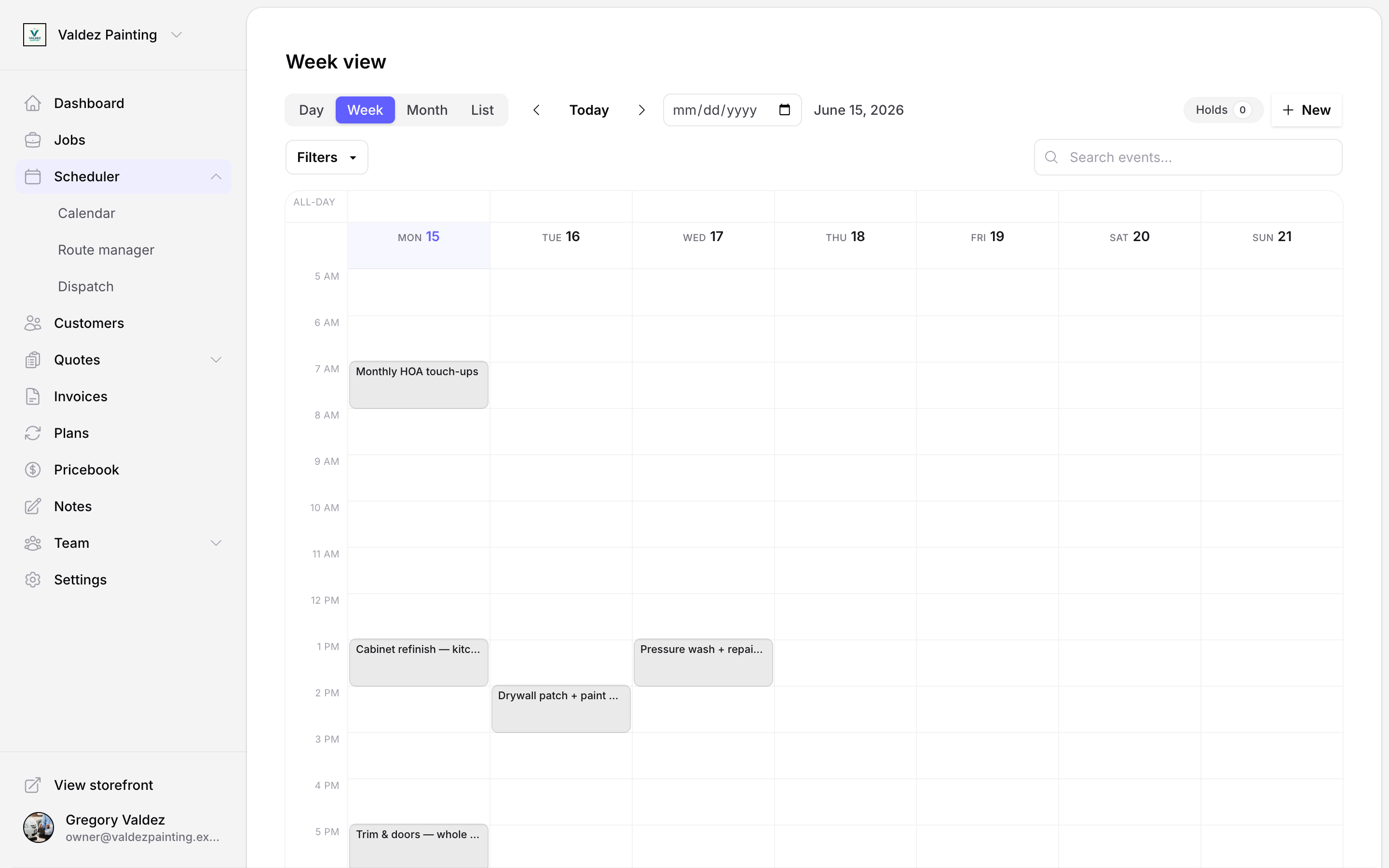 Calendar in week view showing scheduled jobs across the week, including cabinet refinish, pressure wash, drywall patch, and trim work
