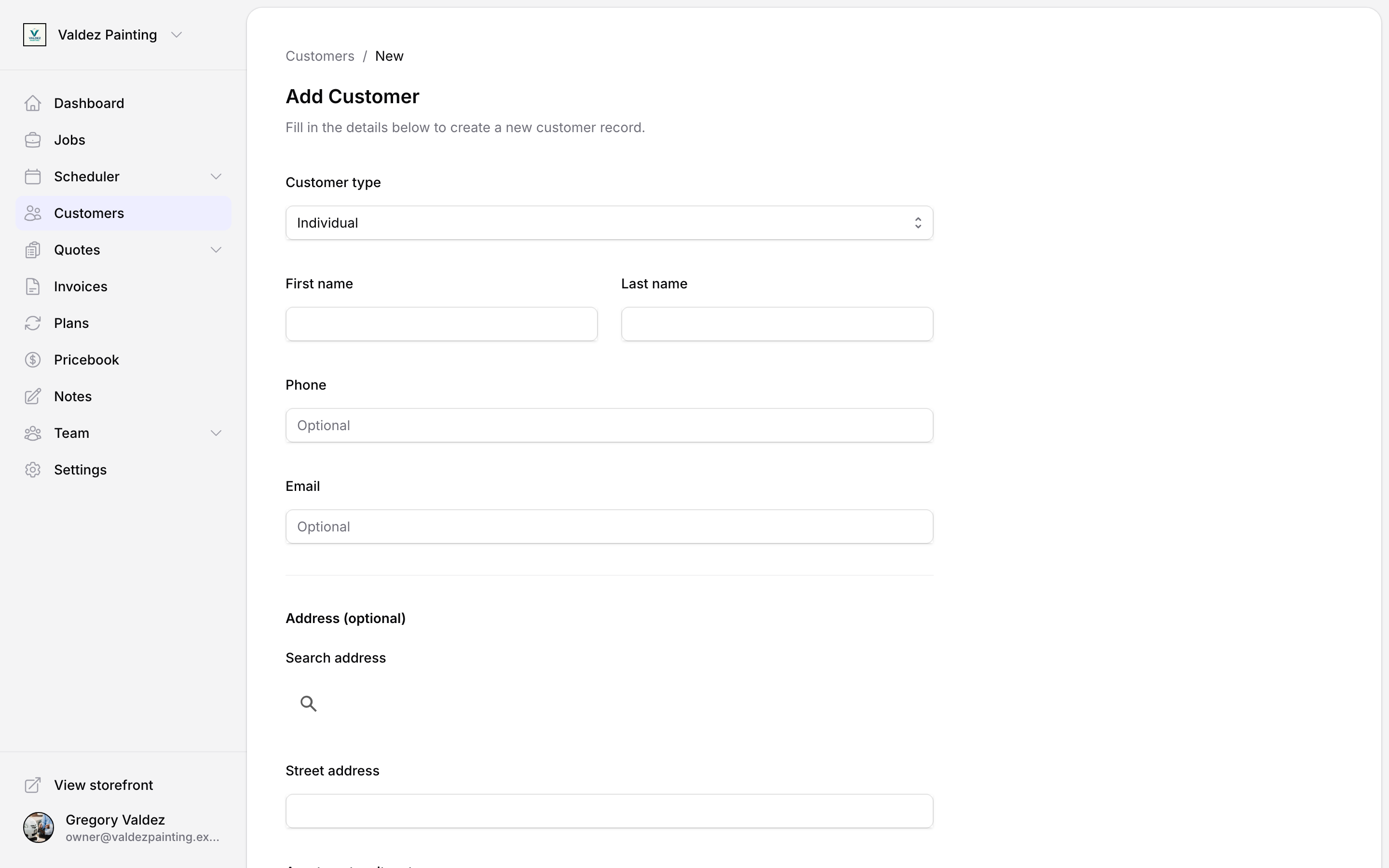 The Add Customer page with the Customers / New breadcrumb, the Add Customer heading, and the customer type, name, phone, email, and address fields.
