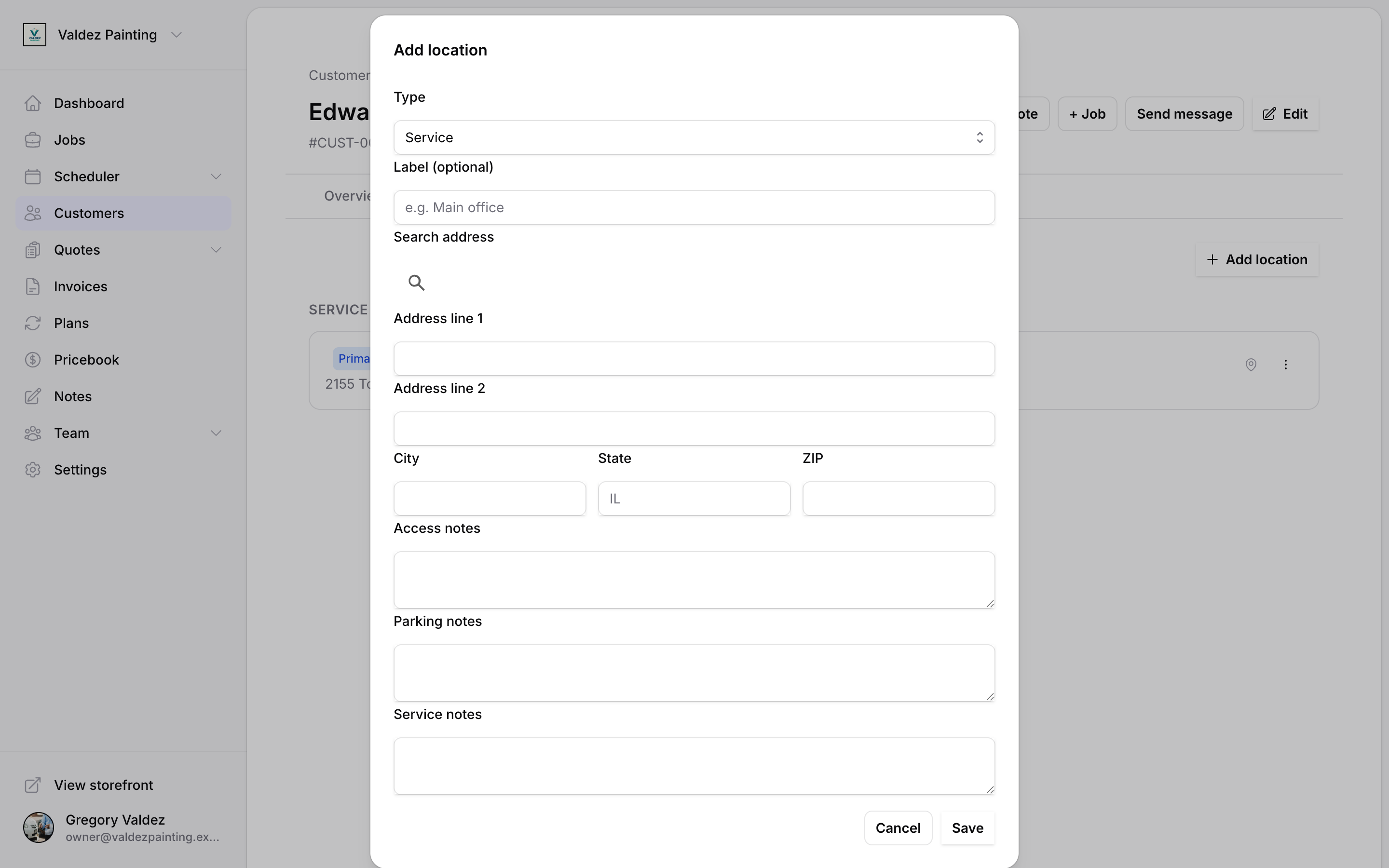 The Add location dialog with type, label, address autocomplete, and notes fields