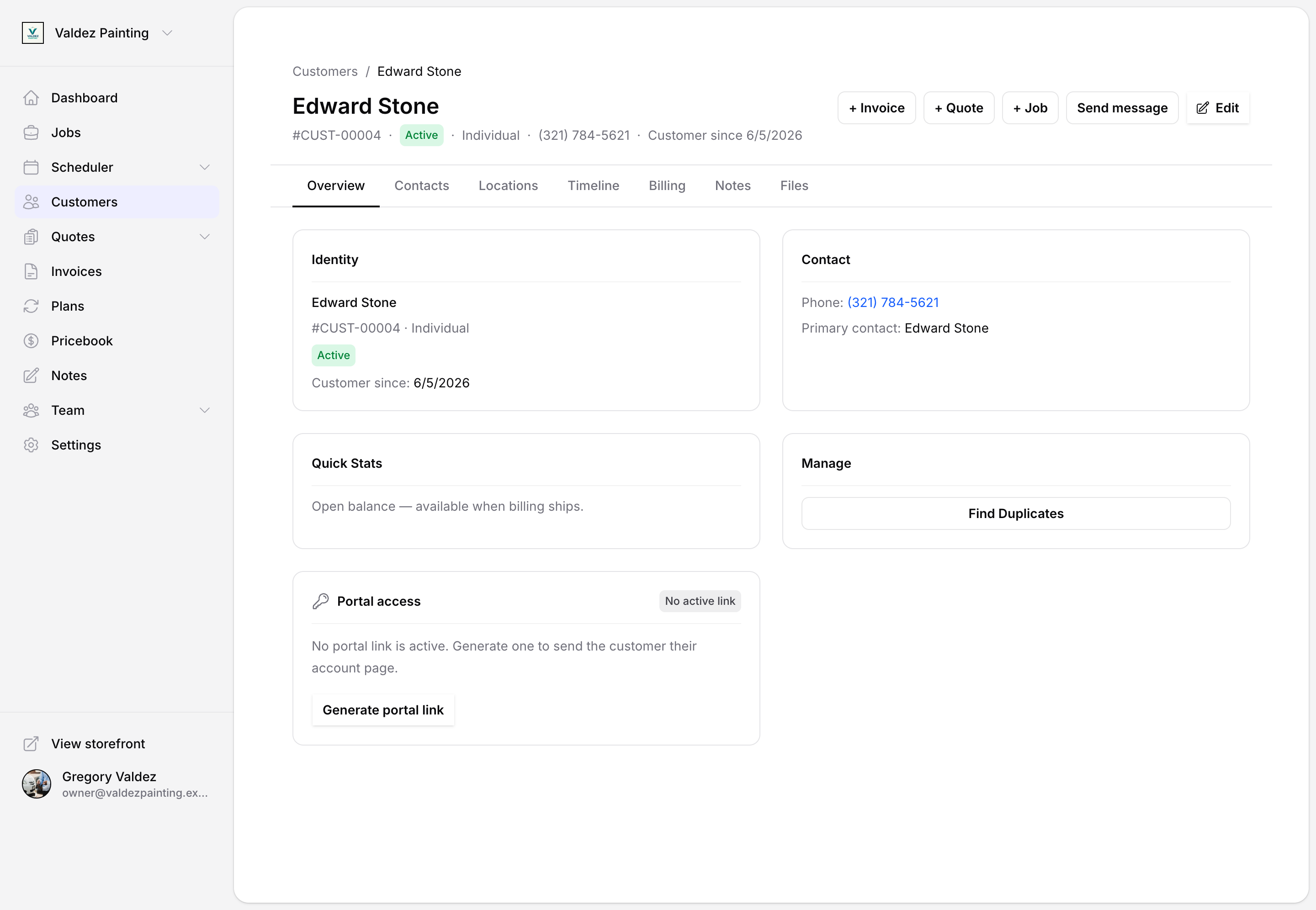 Customer detail page showing the tab bar and Overview tab with Identity, Contact, Quick Stats, and Manage cards