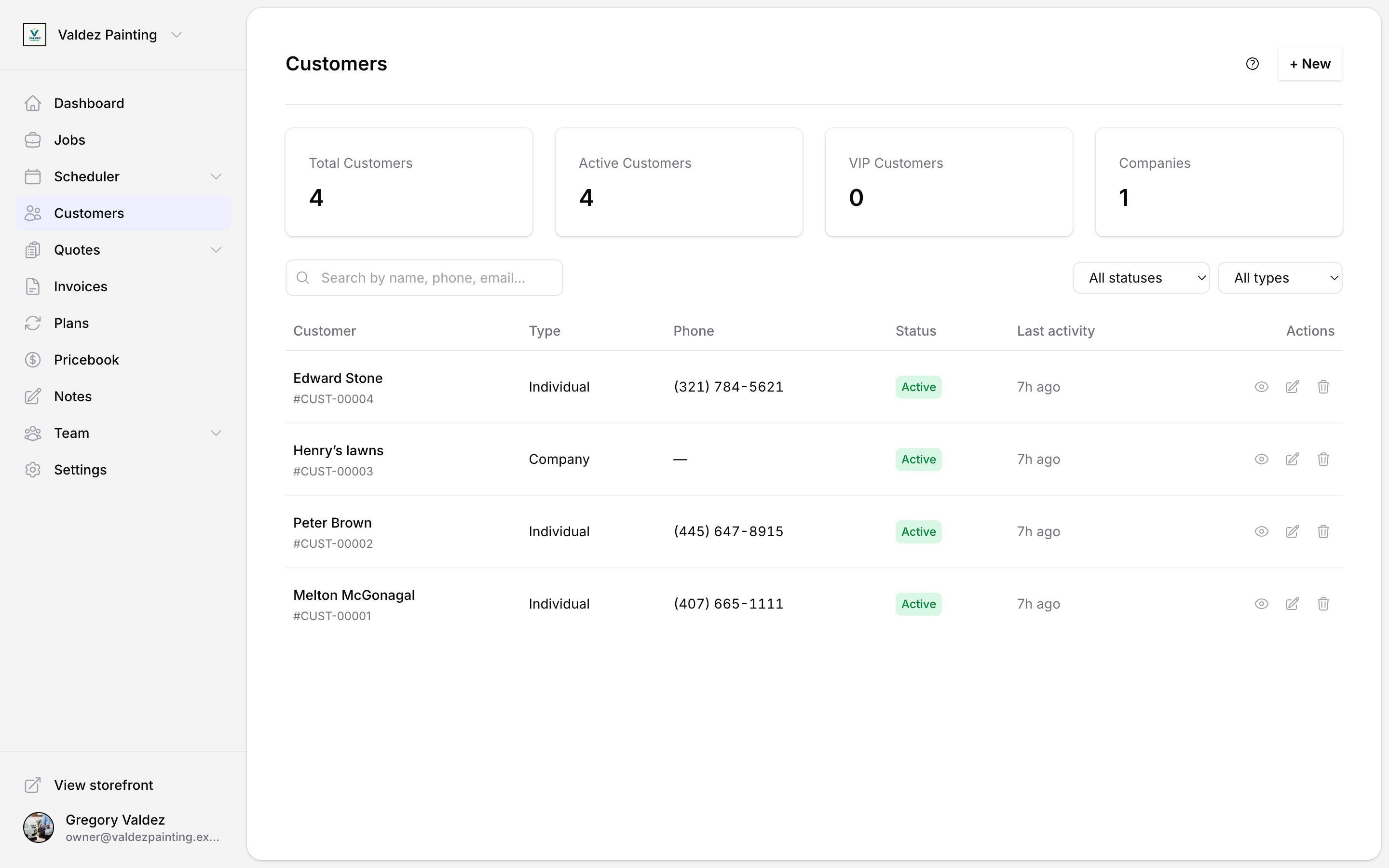 Customers list showing summary cards for total, active, VIP, and company counts above a searchable table of customer records