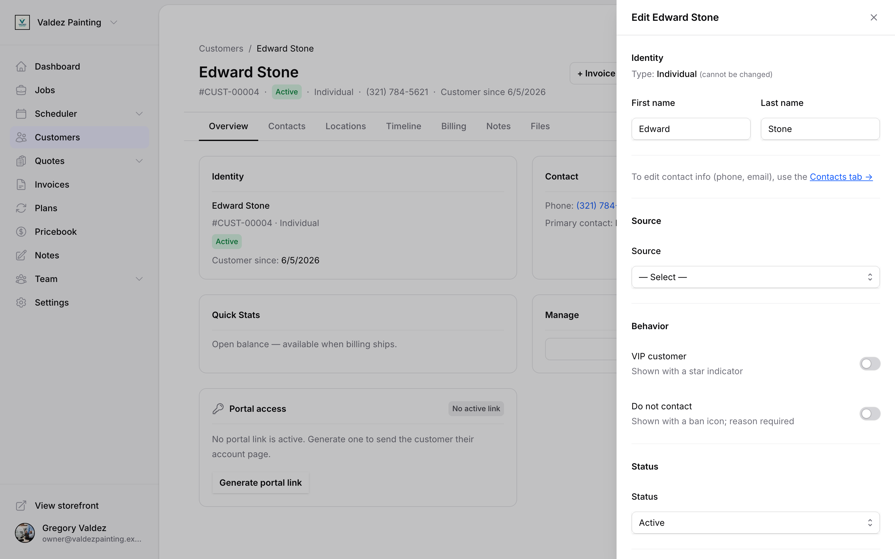 The edit customer panel showing the Behavior section with VIP and Do not contact toggles