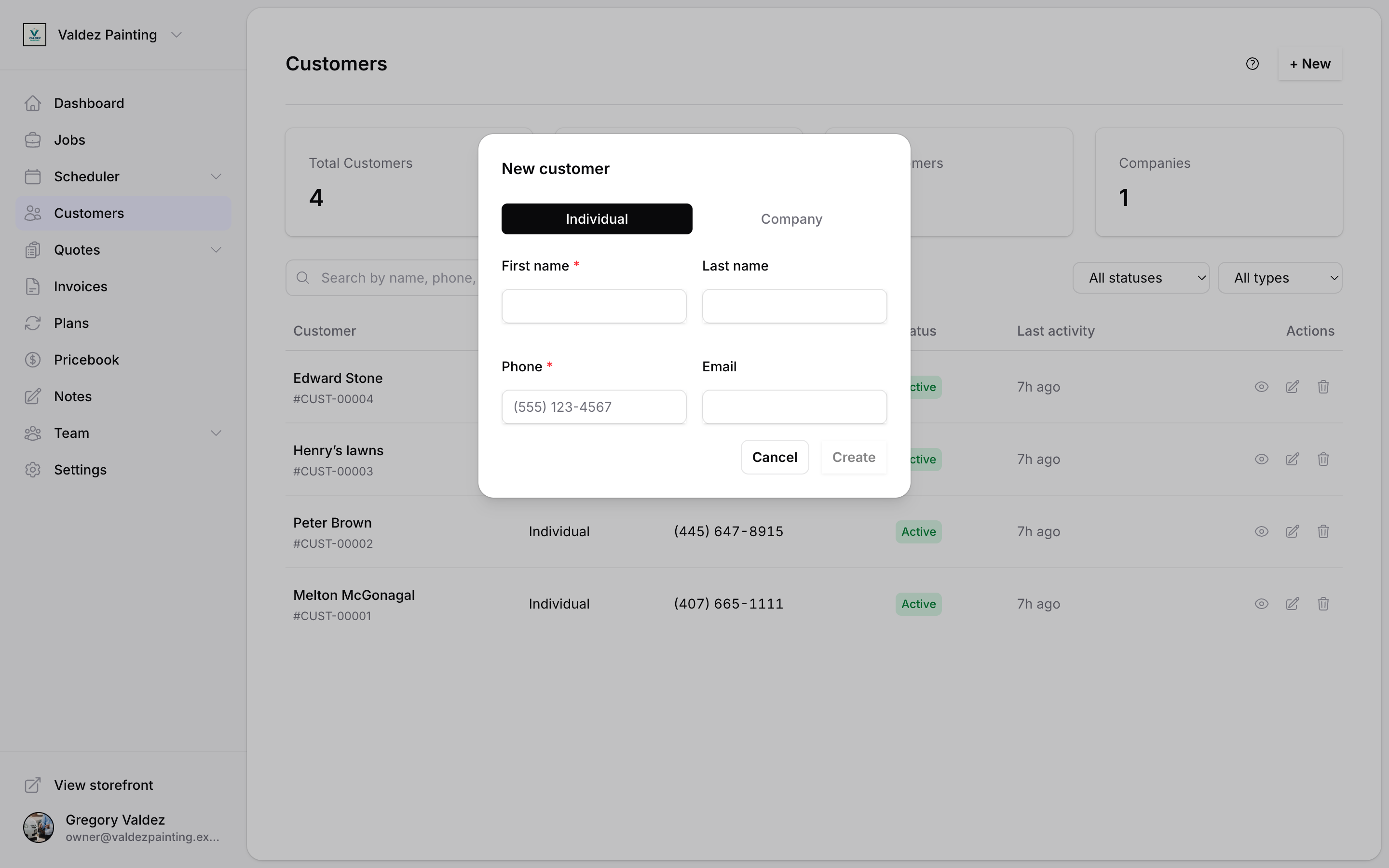 New customer modal in Individual mode showing first name, last name, phone, and email fields with Cancel and Create buttons