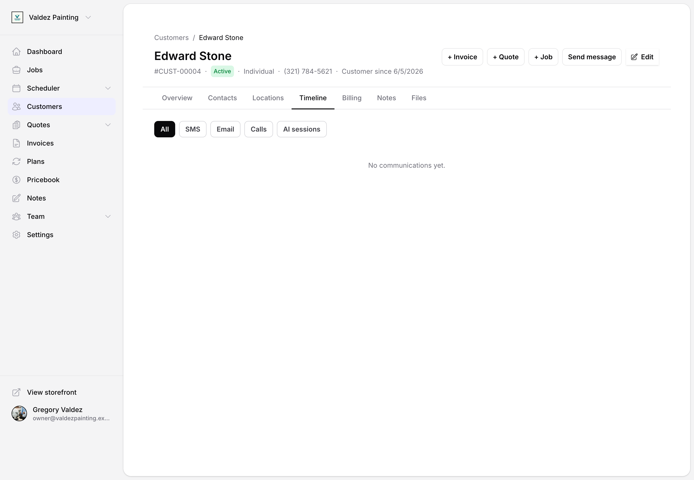 The customer Timeline tab with All, SMS, Email, Calls, and AI sessions filter chips