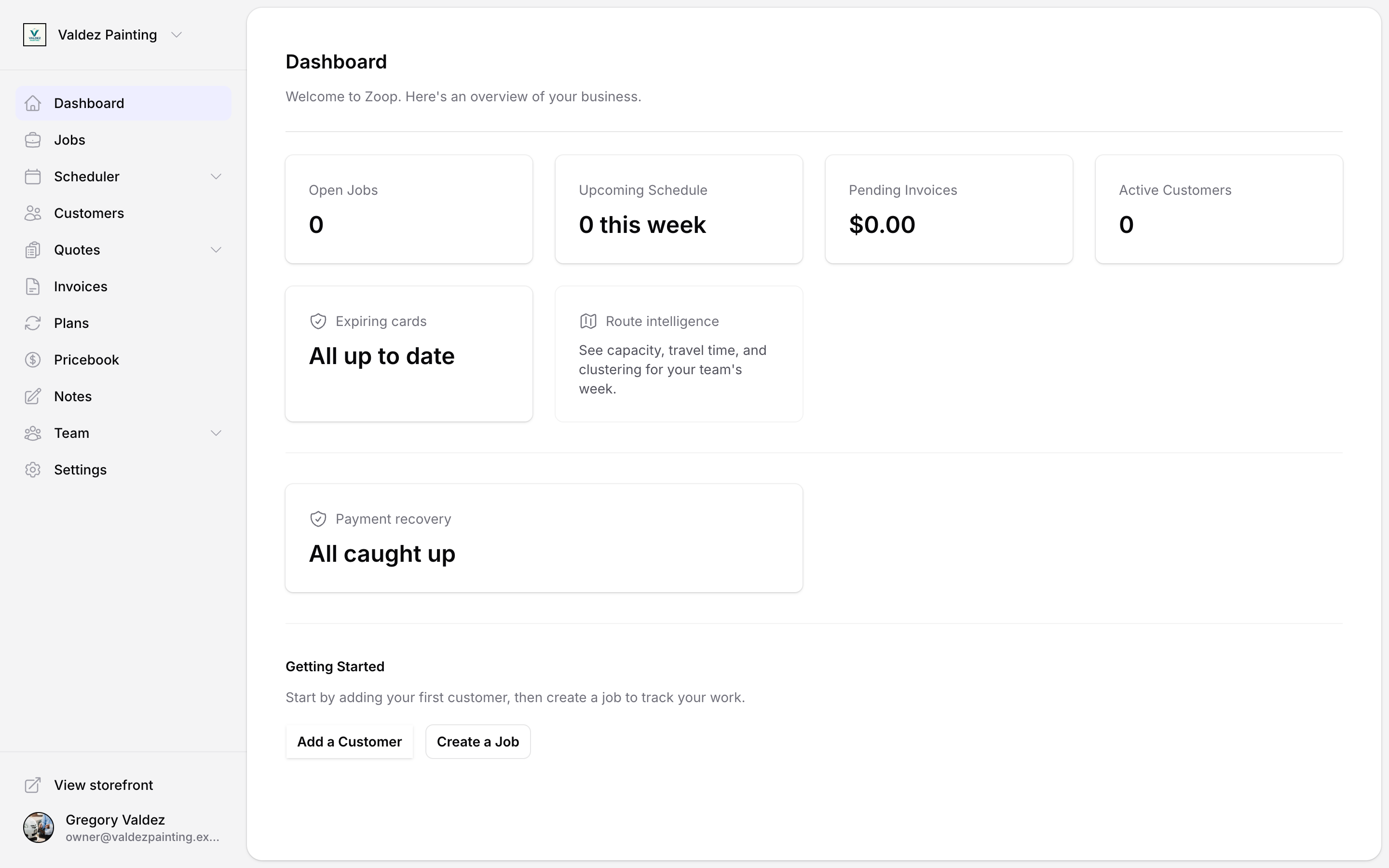 Zoop dashboard showing the four business overview stat cards alongside the expiring cards, route intelligence, and payment recovery cards