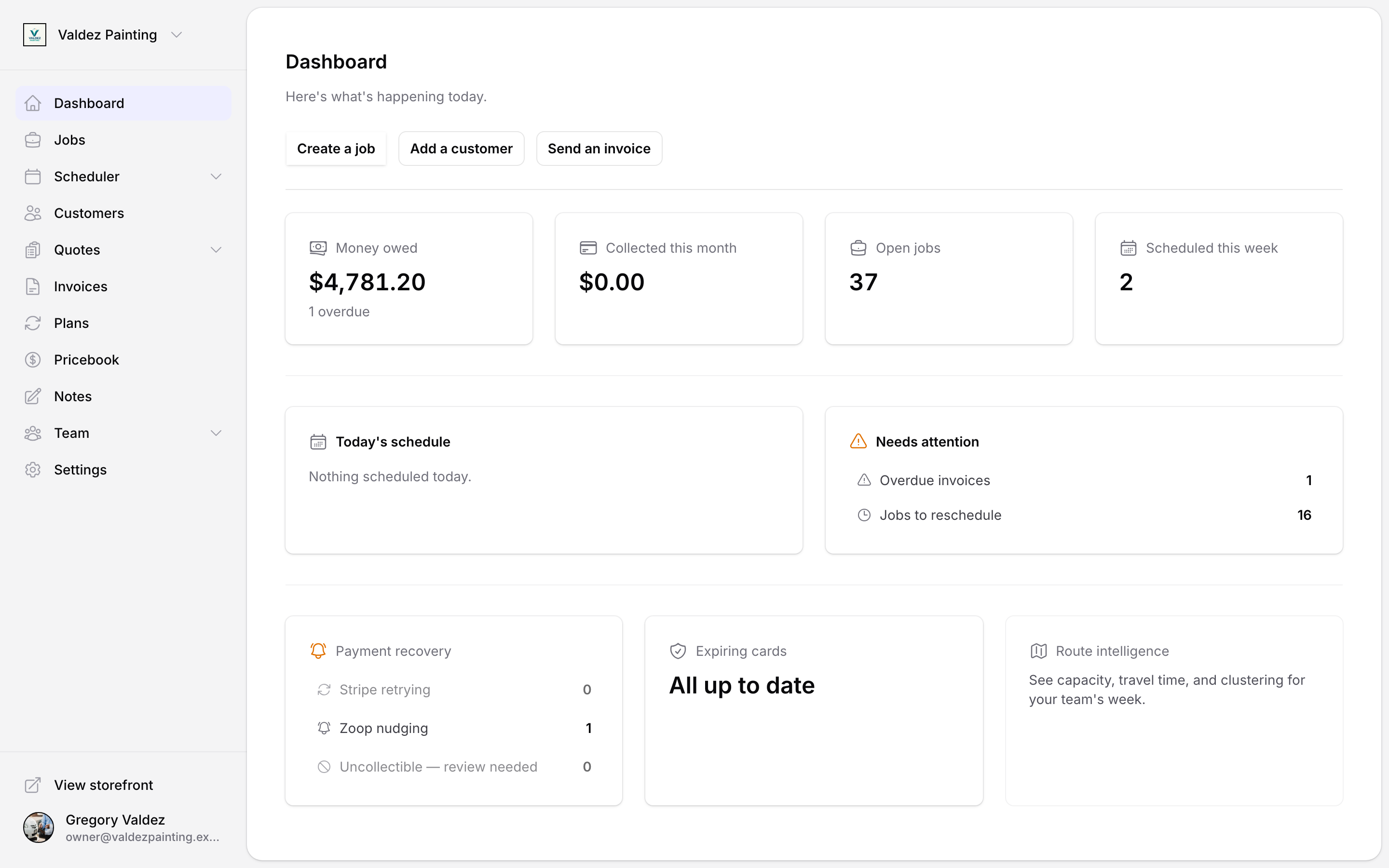 The Zoop dashboard at a glance — quick actions, stat cards (money owed, collected this month, open jobs, scheduled this week), today's schedule, and what needs attention.