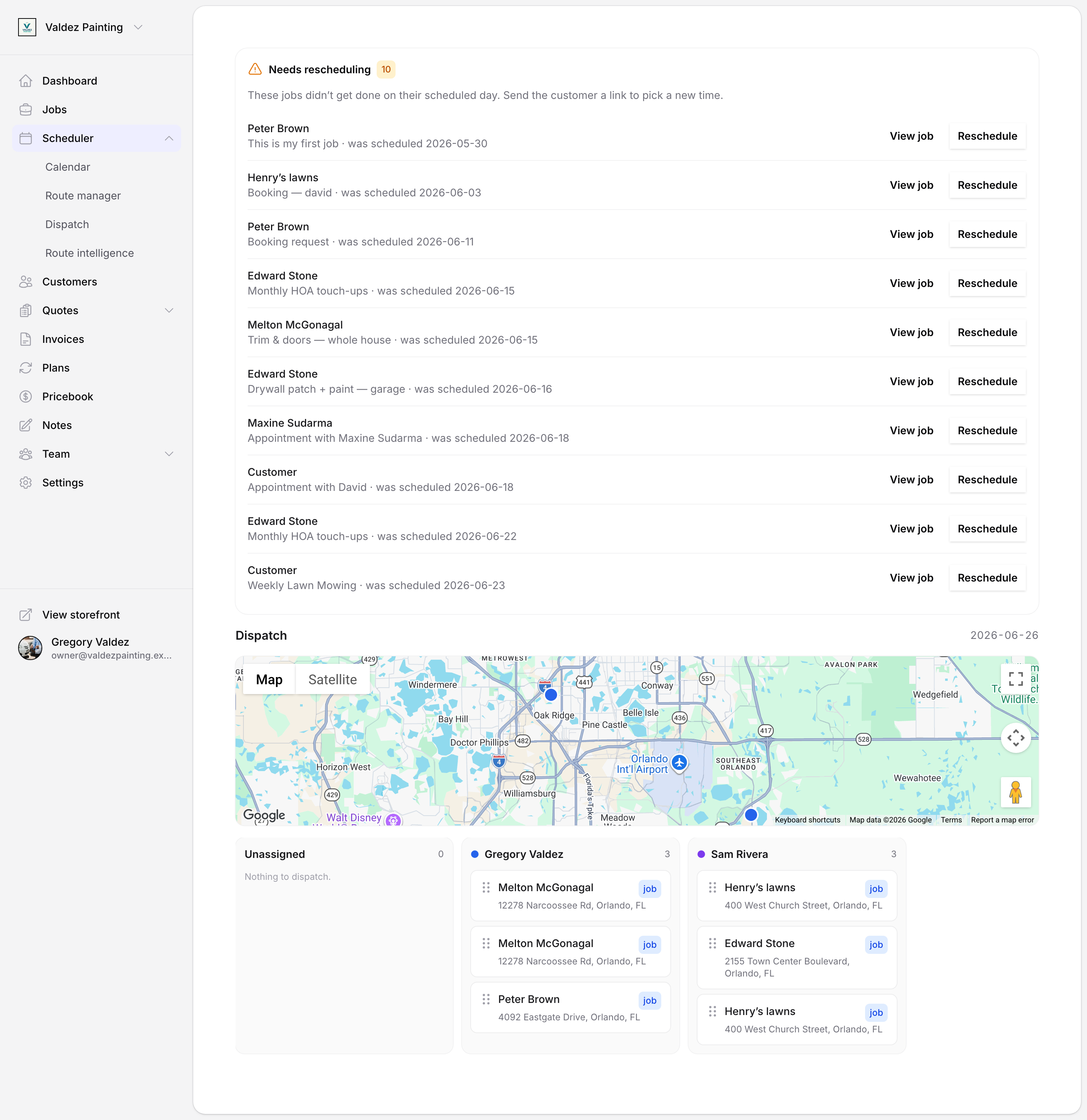 The dispatch board for the day: a map with colored pins above, then an Unassigned rail and a column per team member, each holding their assigned stop cards with customer and address.