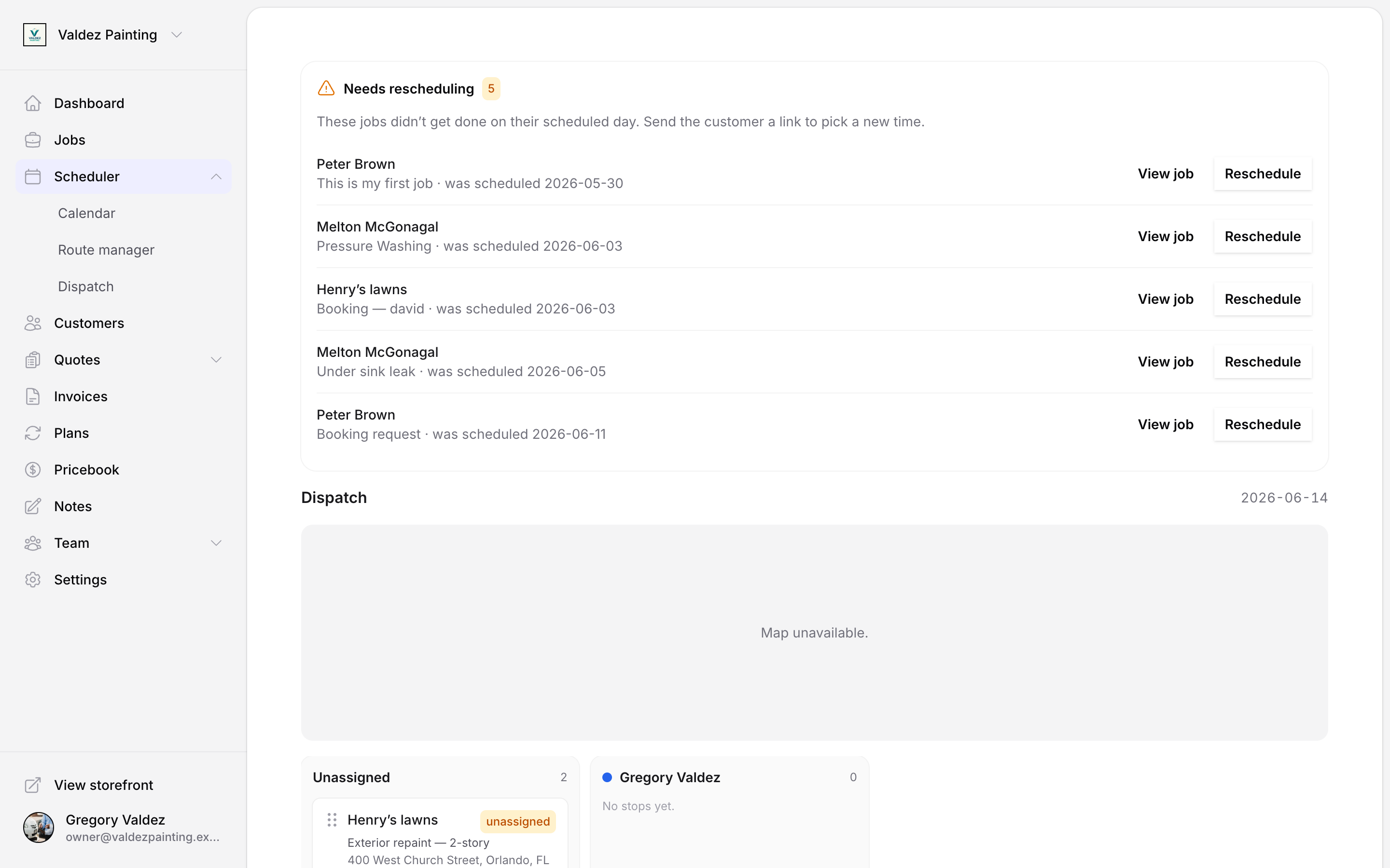 Needs rescheduling tray listing five missed jobs, each with View job and Reschedule buttons
