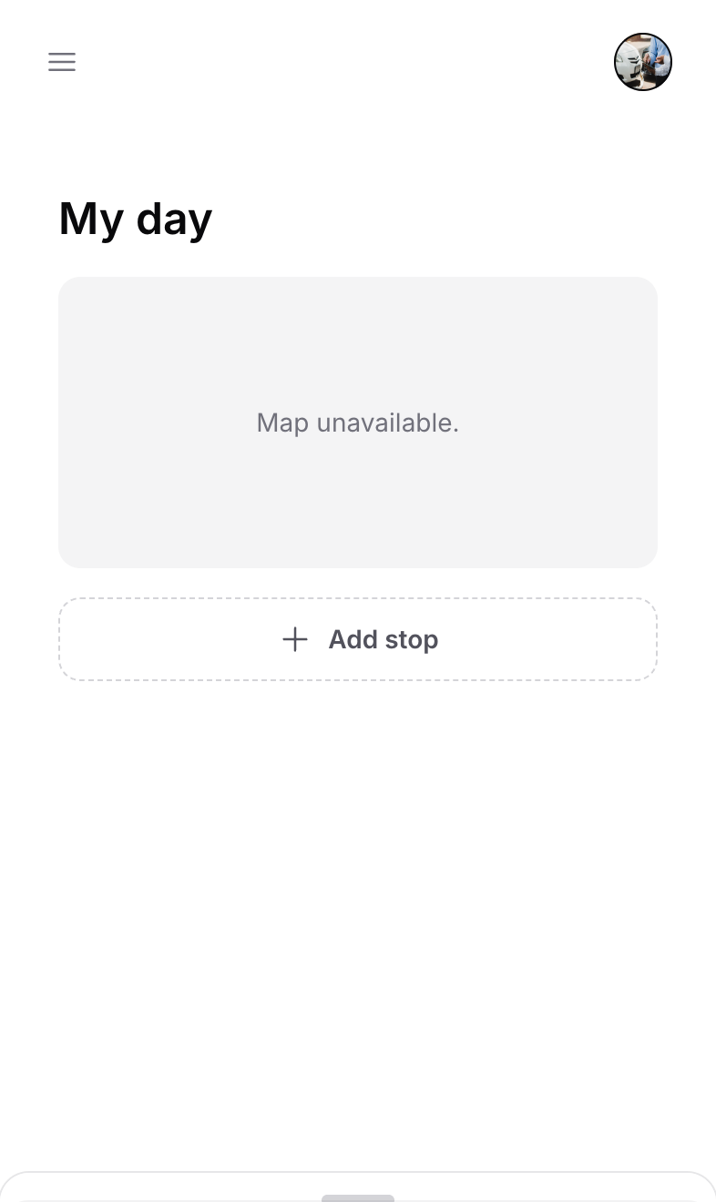 My day on mobile with the map area and Add stop button at the bottom of the stop list