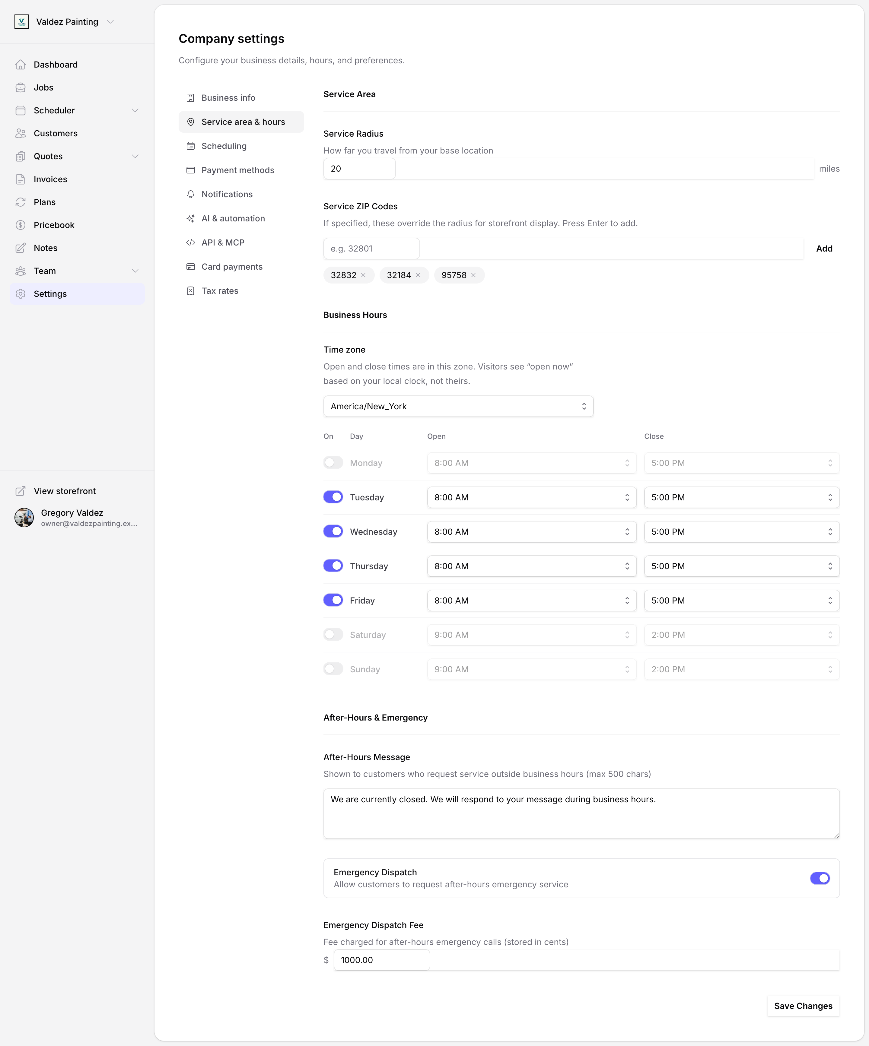 Service area and hours tab in Settings showing service radius, ZIP code input, business hours table by day, after-hours message, and emergency dispatch options