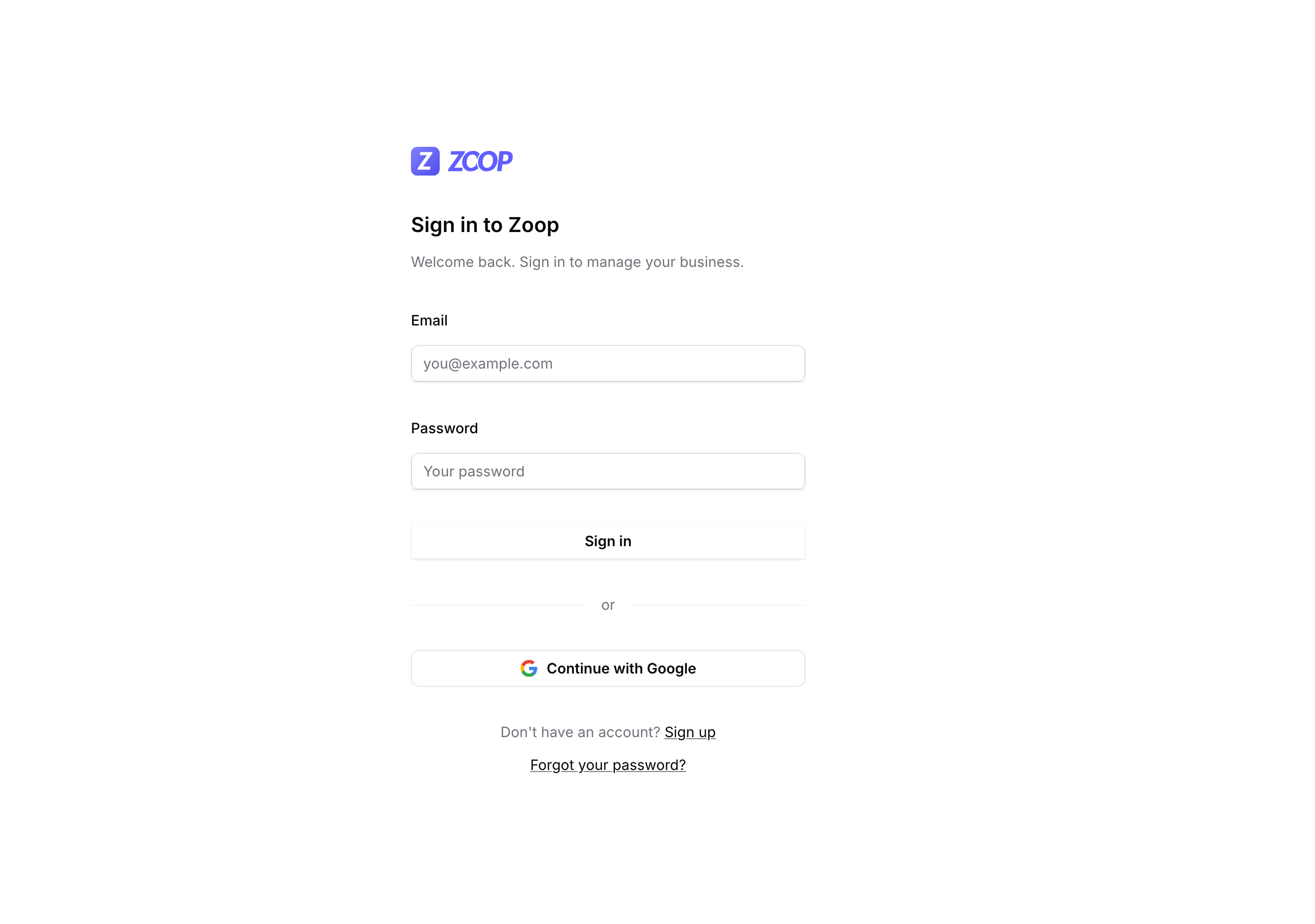 The Zoop sign-in page with email and password fields and a Continue with Google button