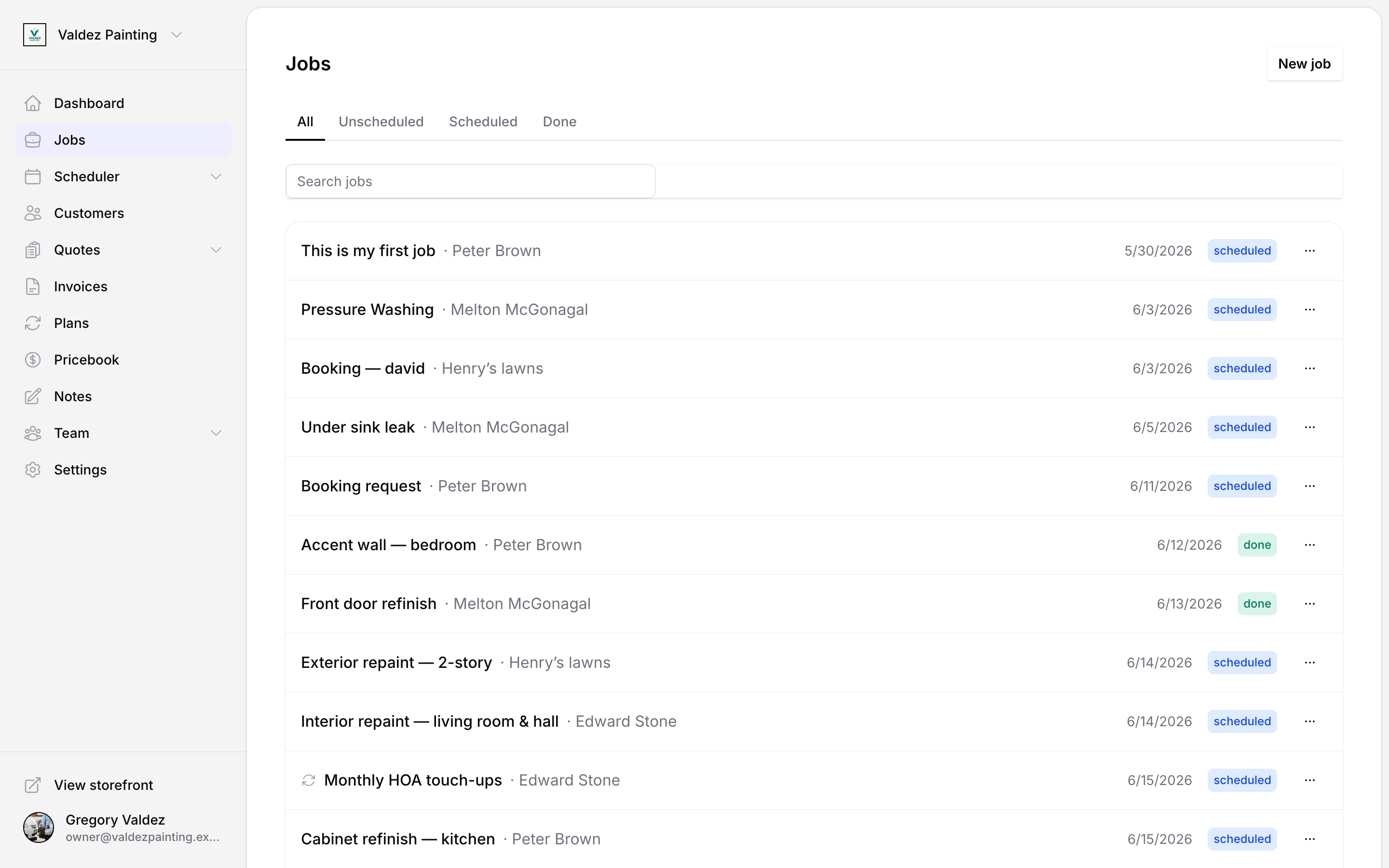 Jobs list showing the All, Unscheduled, Scheduled, and Done tabs with a mix of scheduled and done jobs