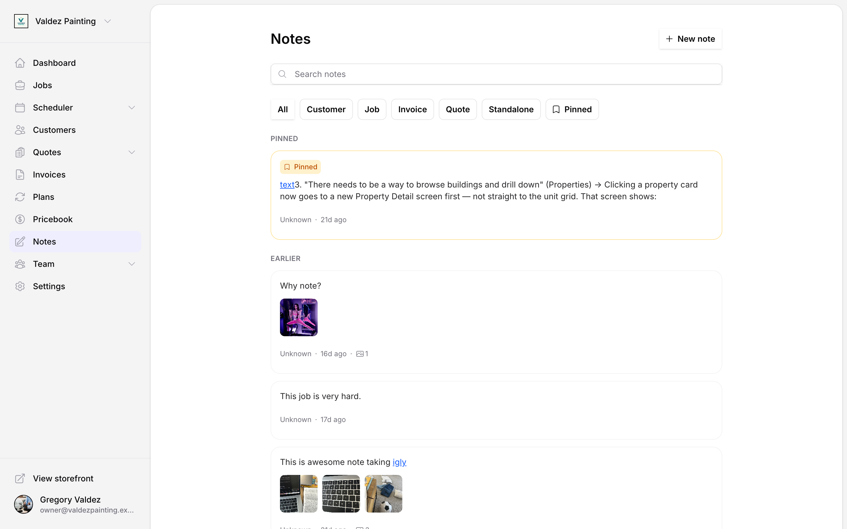 Notes feed with Pinned and Earlier day-group sections, search bar, and filter chips for All, Customer, Job, Invoice, Quote, Standalone, and Pinned