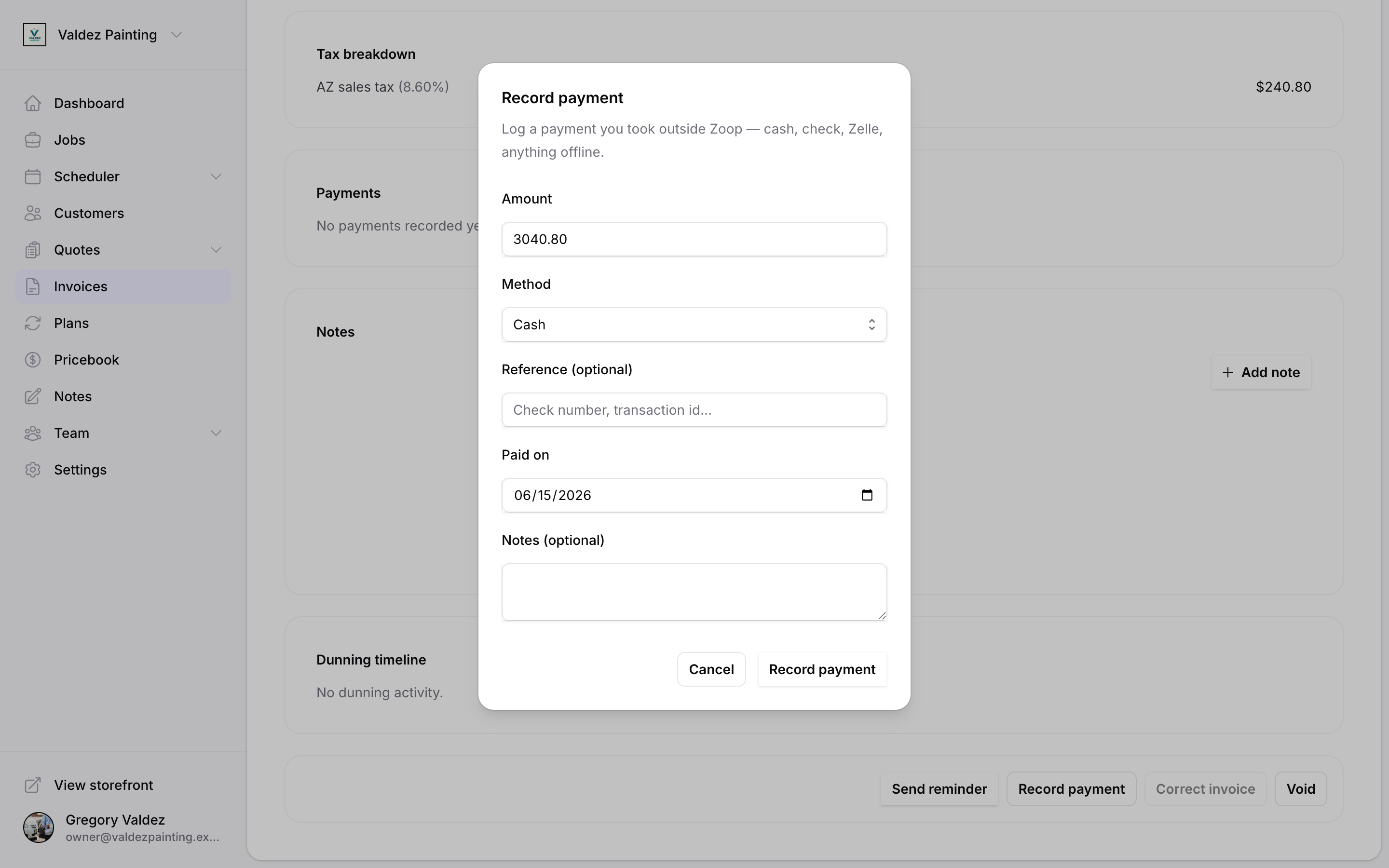 The Record payment dialog with amount, method, reference, and date fields