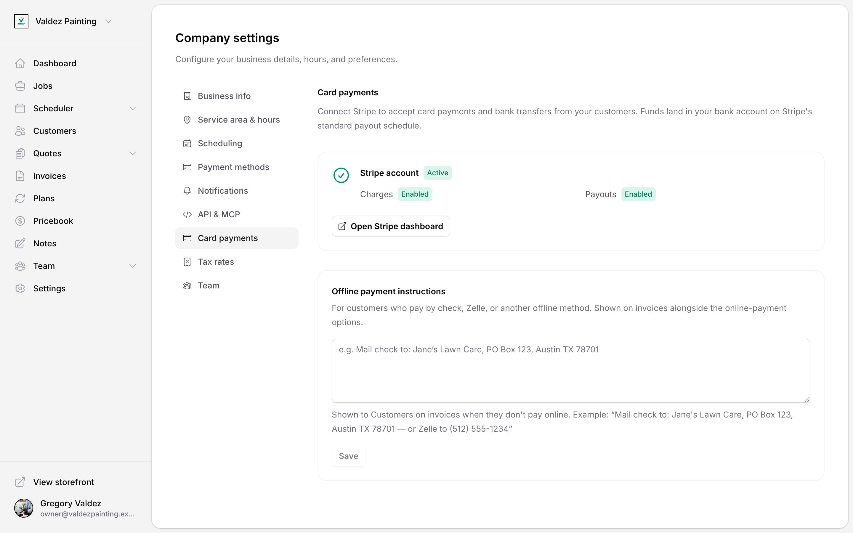 Settings → Card payments in the active state, with a green Active badge, charges and payouts enabled, and the Open Stripe dashboard button.