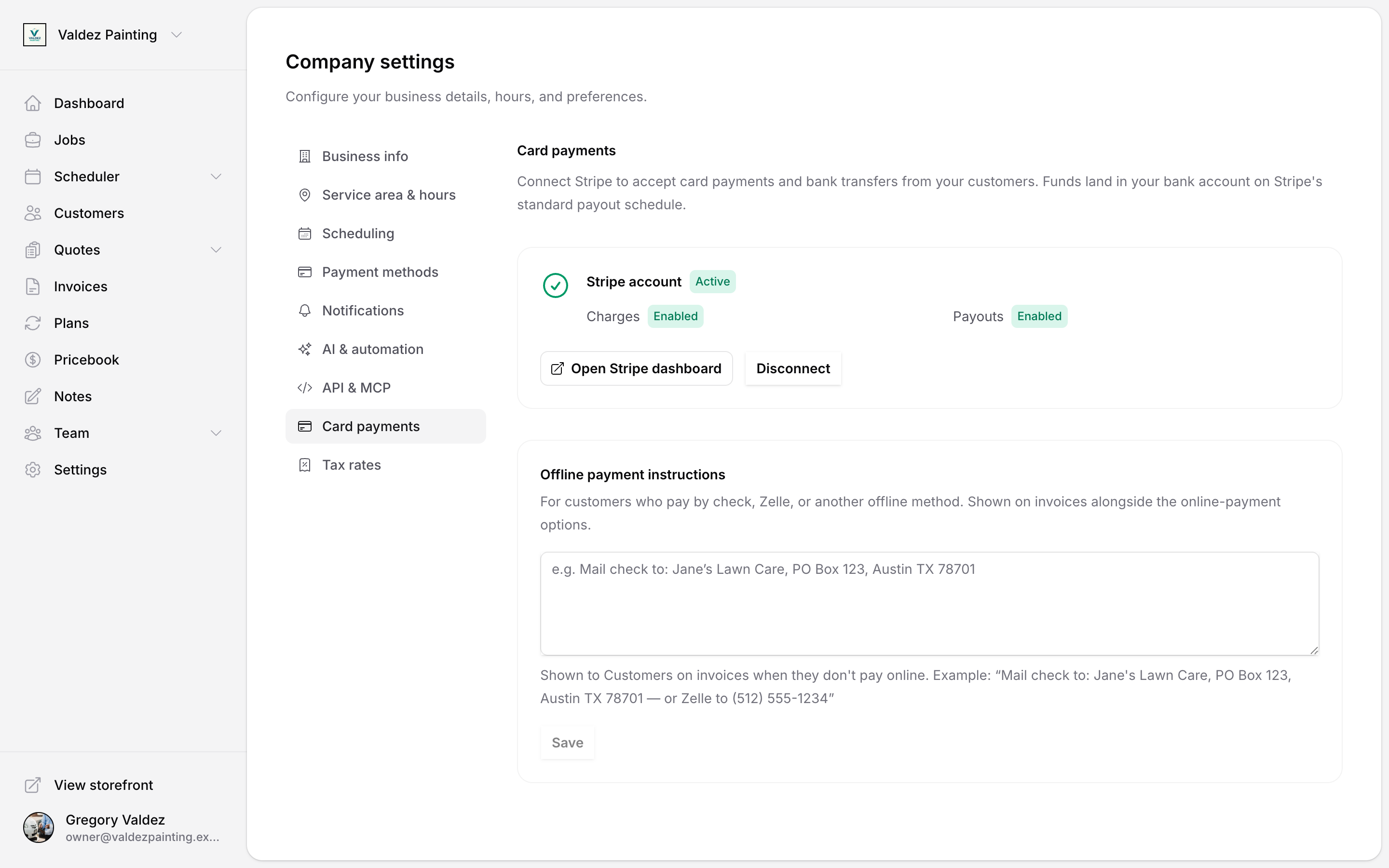 Settings → Card payments showing Stripe account active, with charges and payouts both enabled