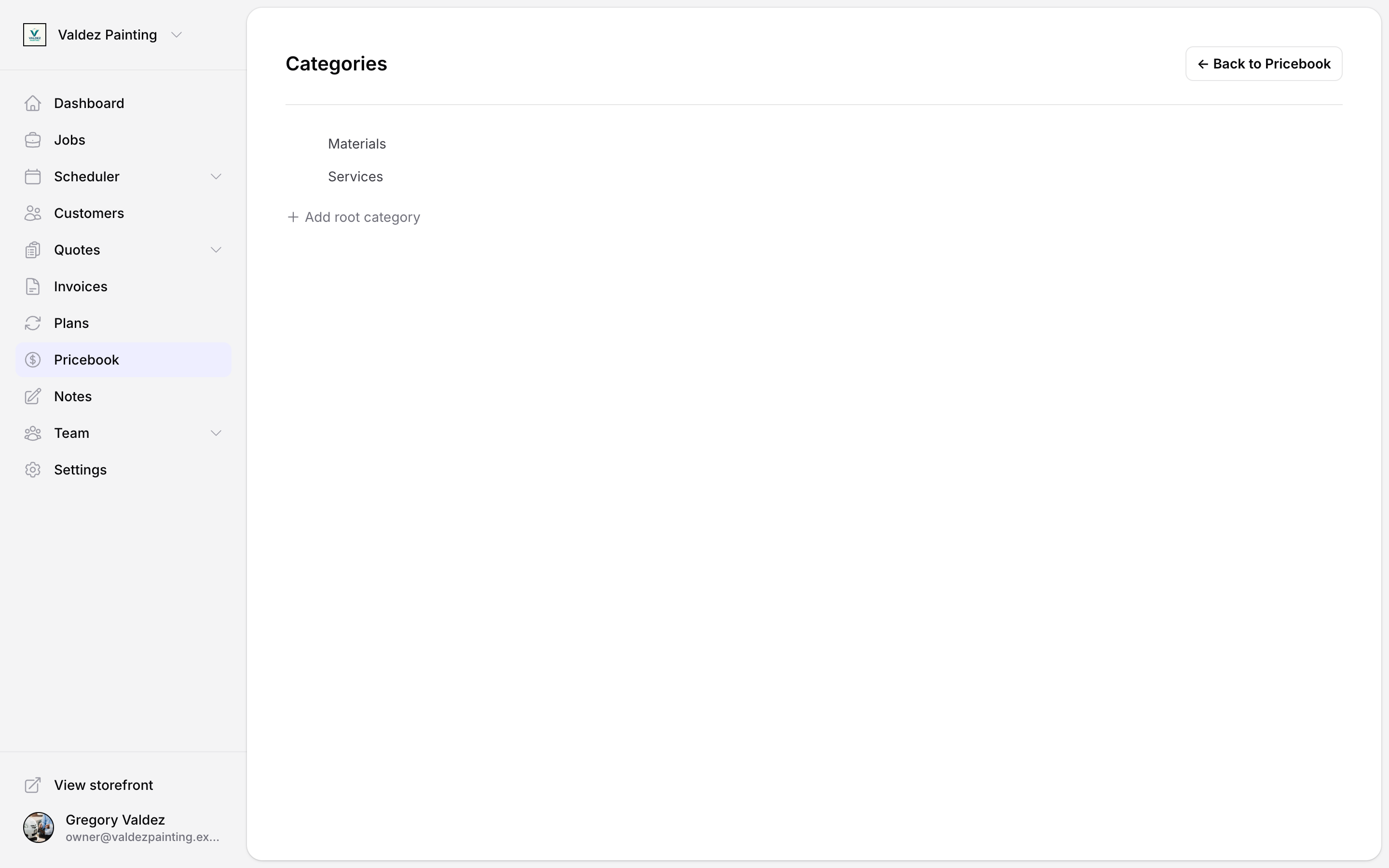 The pricebook categories page listing Materials and Services