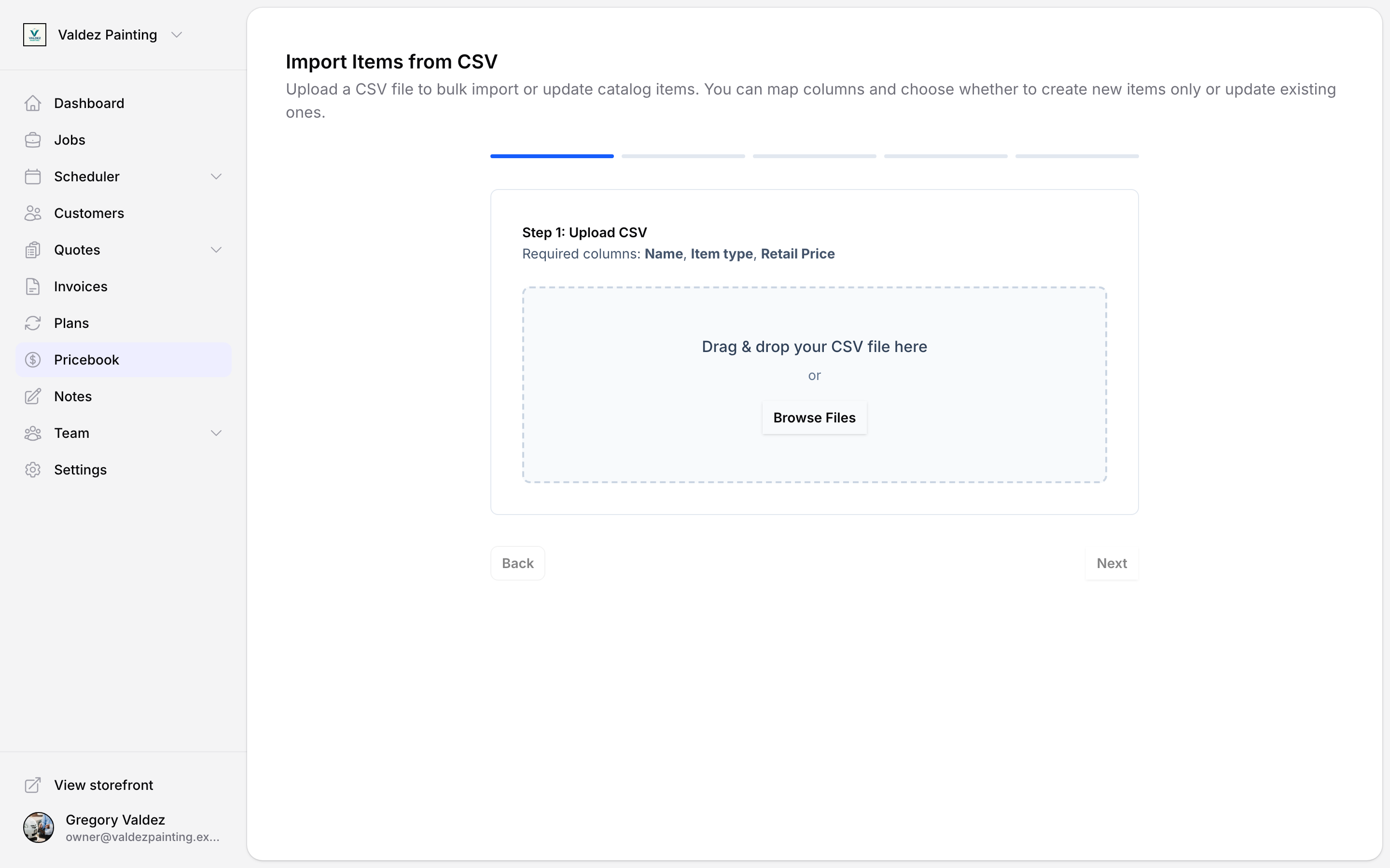 The CSV import wizard: step 1, upload your CSV file (required columns: Name, Item type, Retail Price)