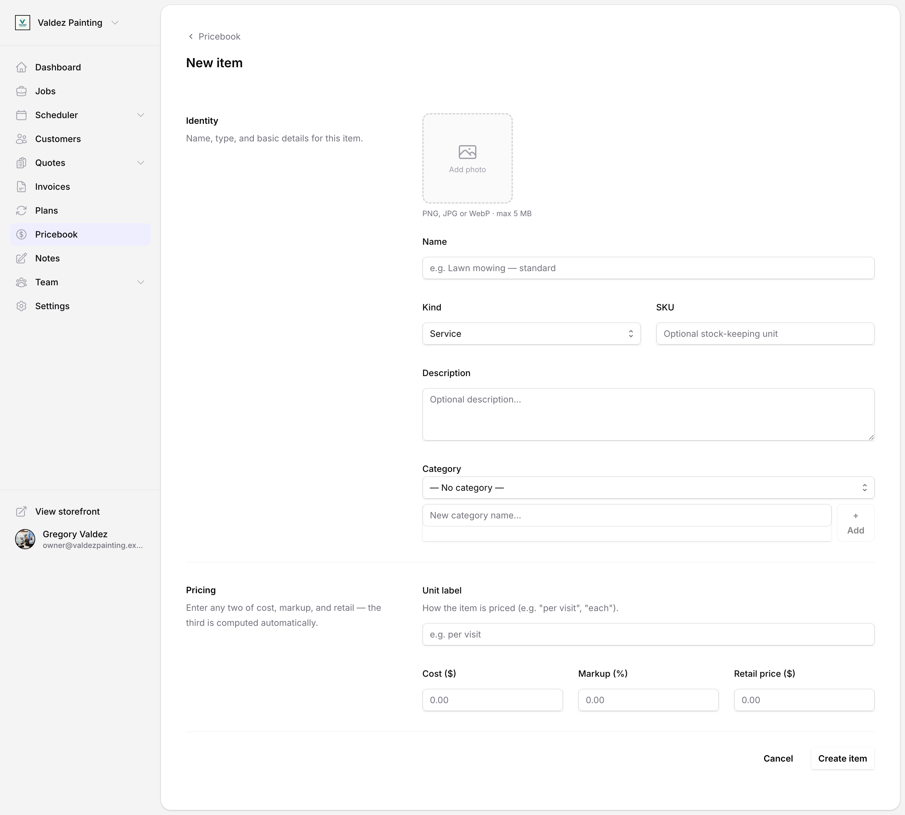 The new item form, with the pricing section showing cost, markup, and retail price fields
