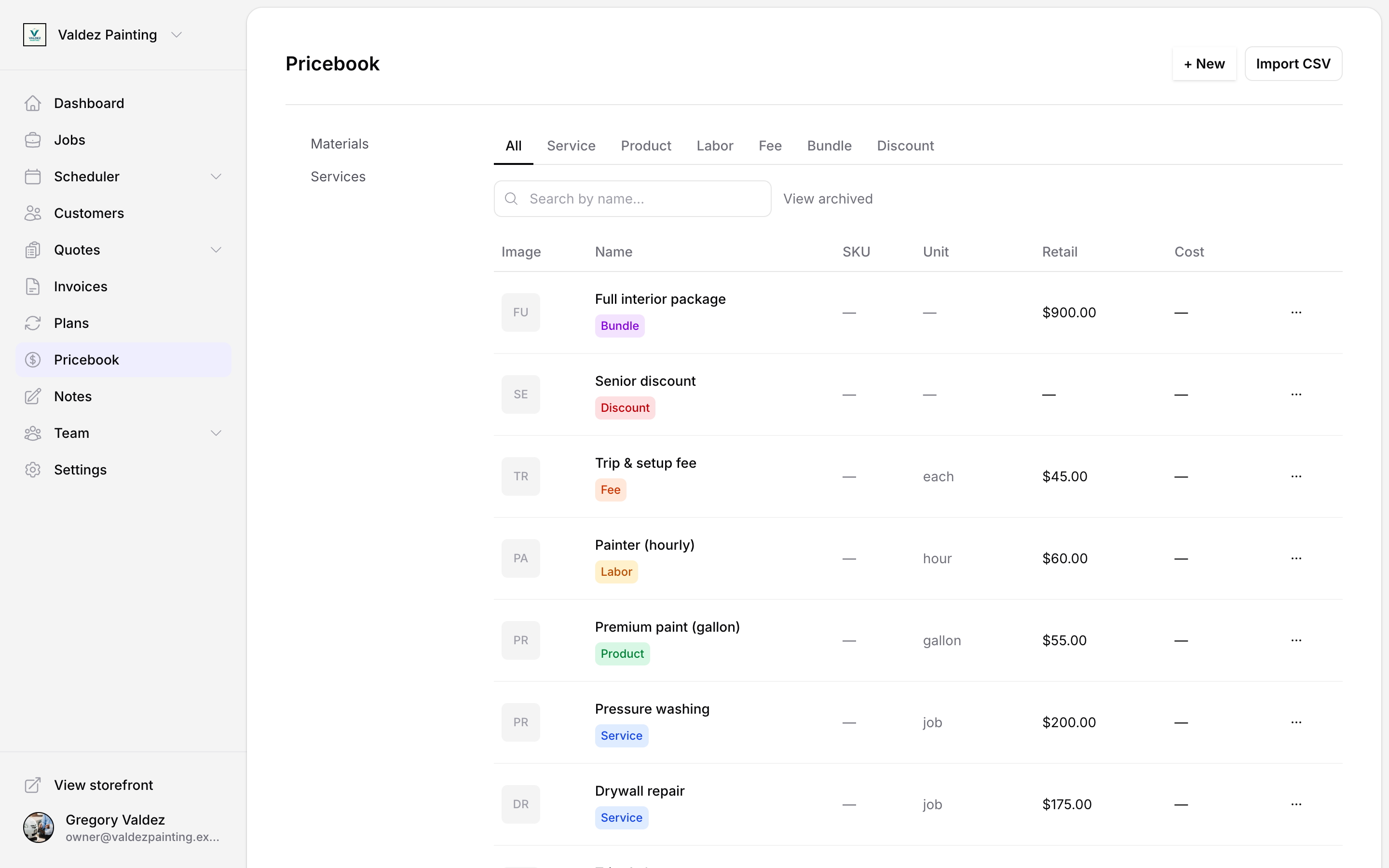 Pricebook list showing kind filter tabs, category sidebar, and items table with bundle, discount, fee, labor, product, and service items