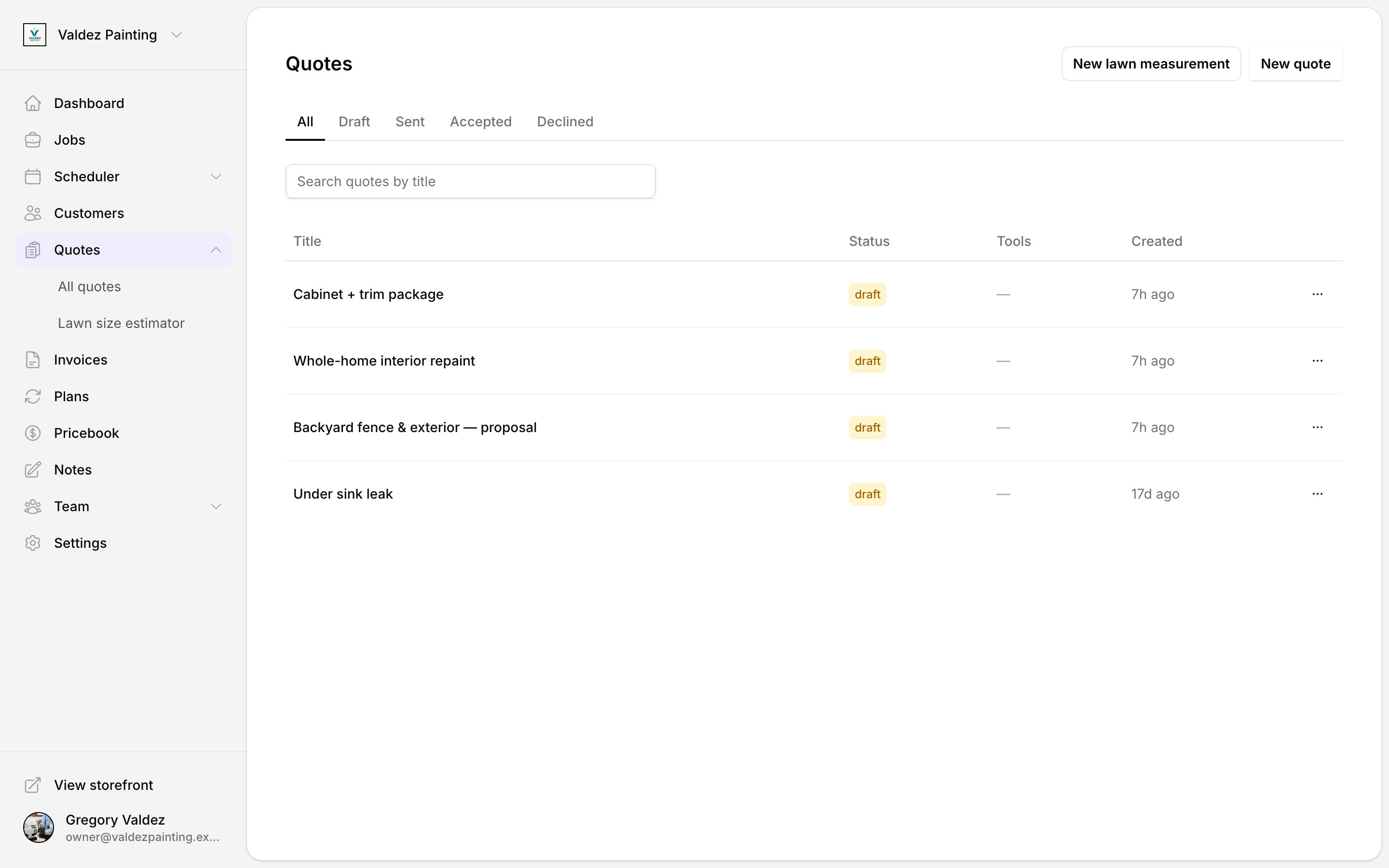 Quotes list with All, Draft, Sent, Accepted, and Declined tabs and four draft quote rows