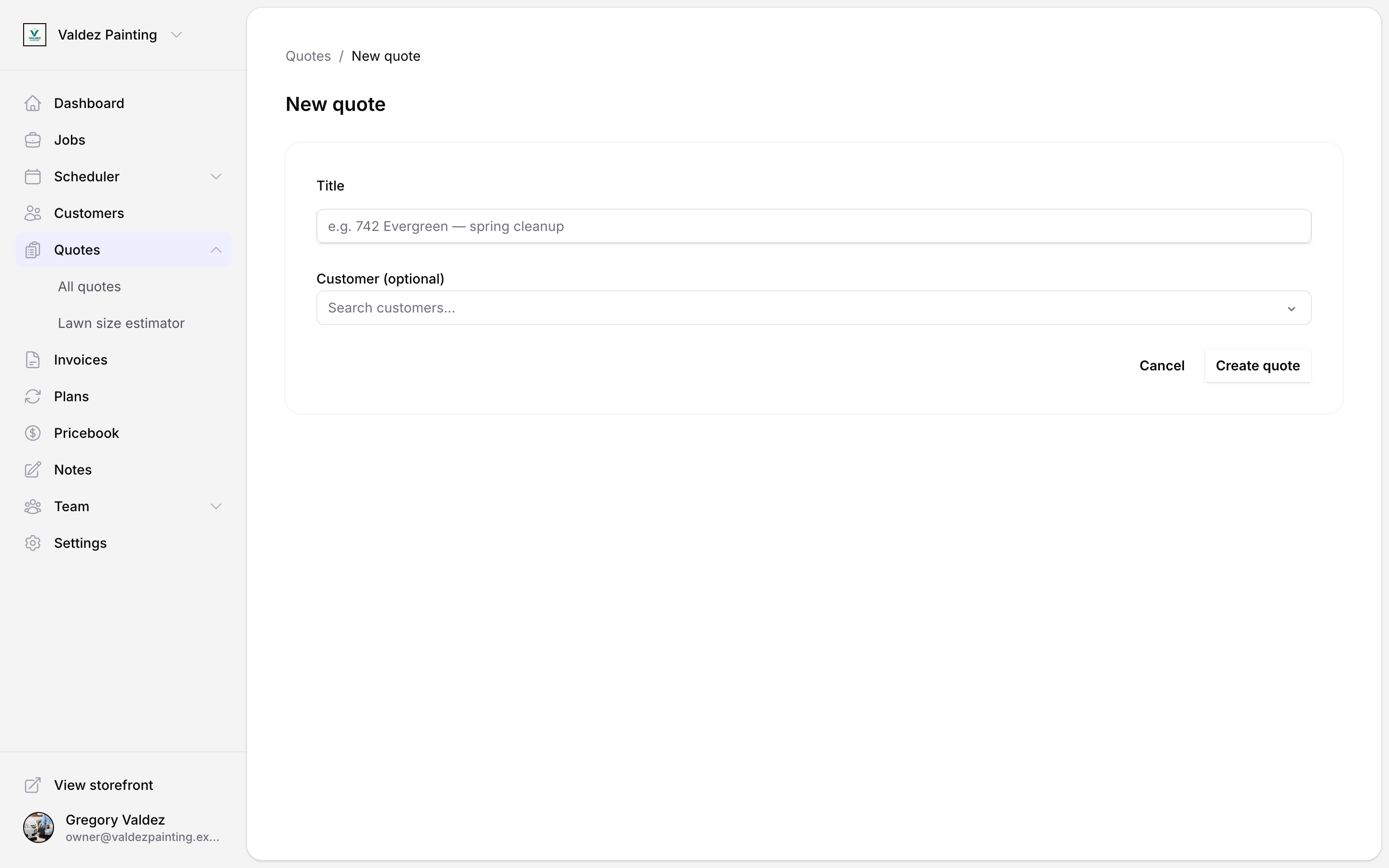 New quote form with a title field and optional customer search picker