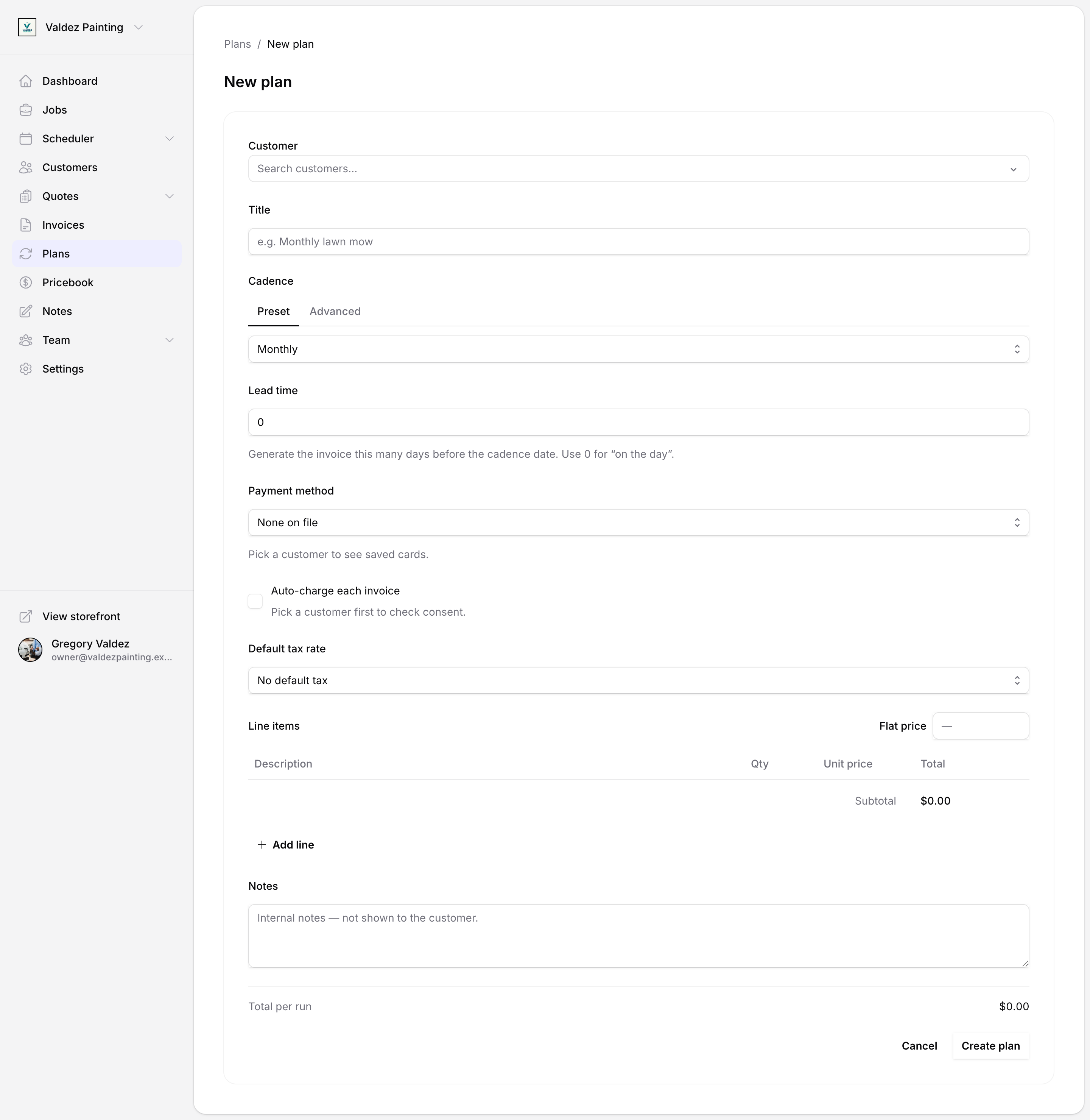 New plan form showing customer search, title, cadence selector with preset and advanced tabs, lead time, payment method, auto-charge checkbox, default tax rate, line items builder, and notes field