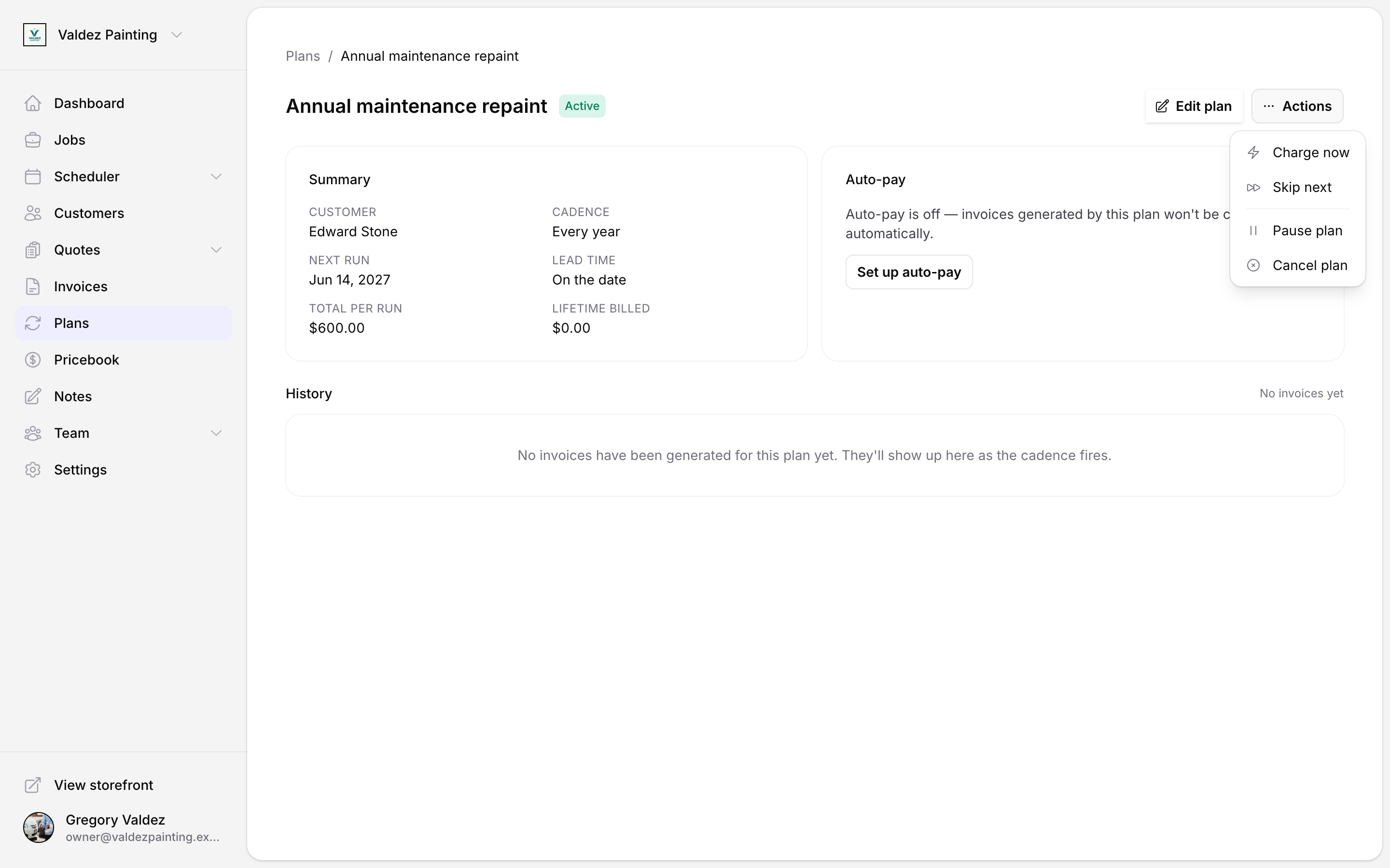 A plan detail page with the Actions menu open: Charge now, Skip next, Pause plan, Cancel plan