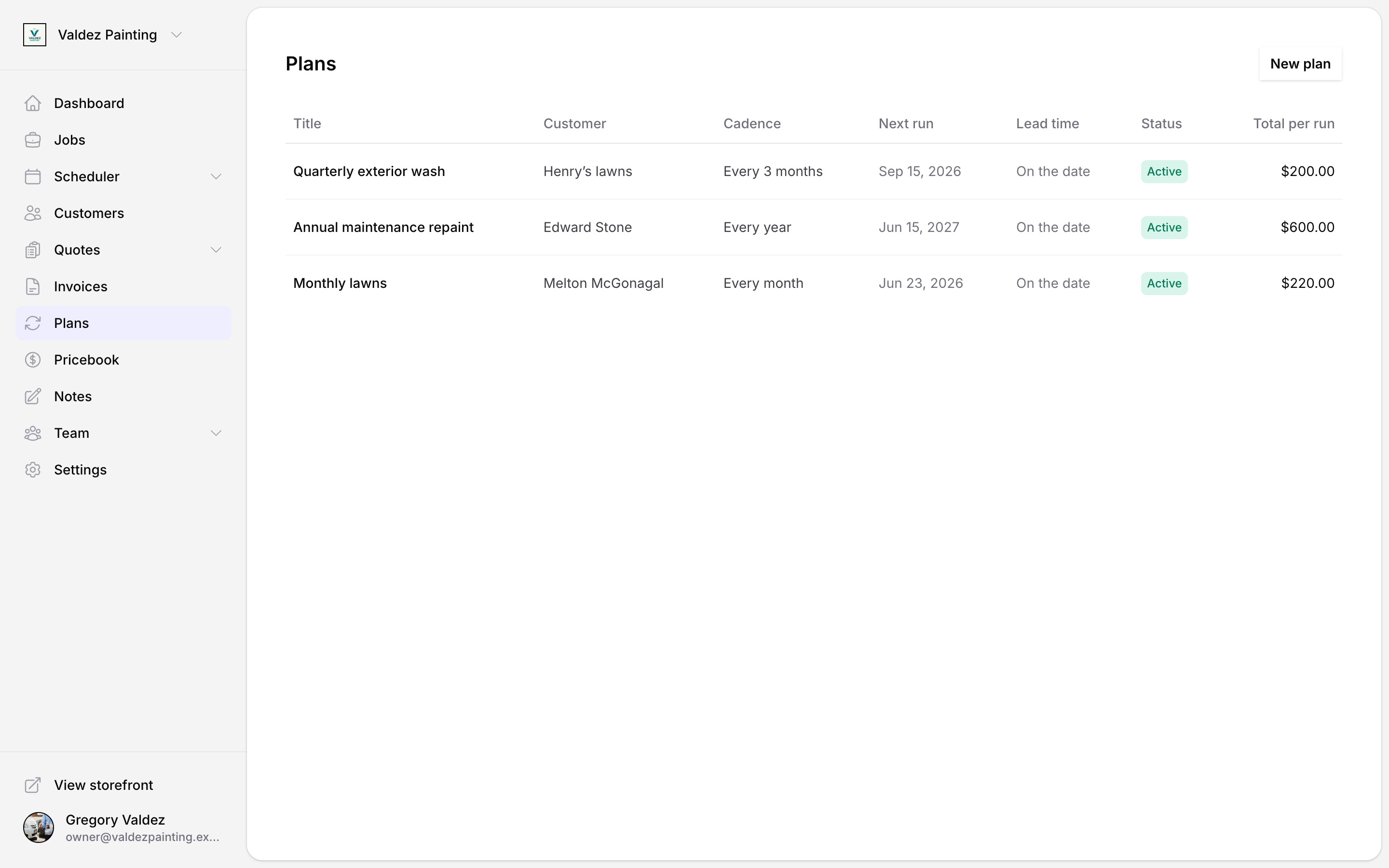 Plans list showing three active plans with cadence, next run date, lead time, status, and total per run columns