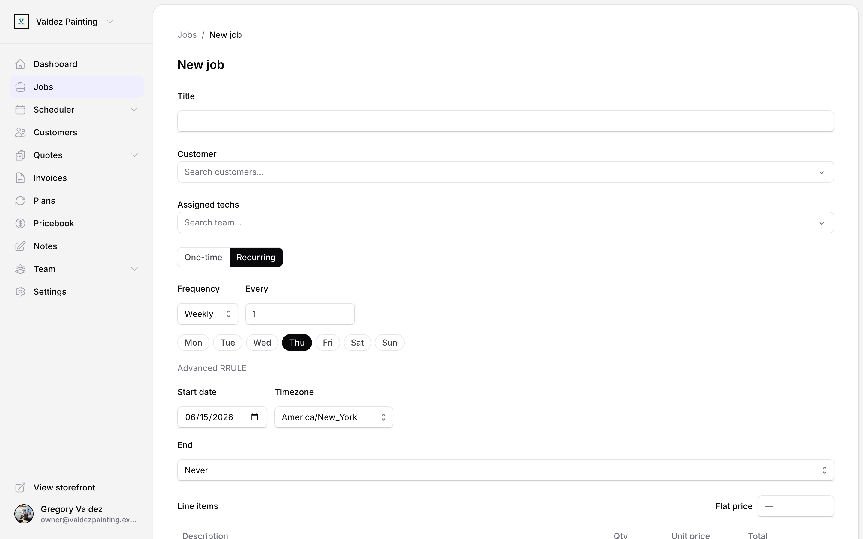 New job form with Recurring selected, showing weekly frequency, day-of-week picker with Thursday highlighted, start date, timezone, and end set to Never