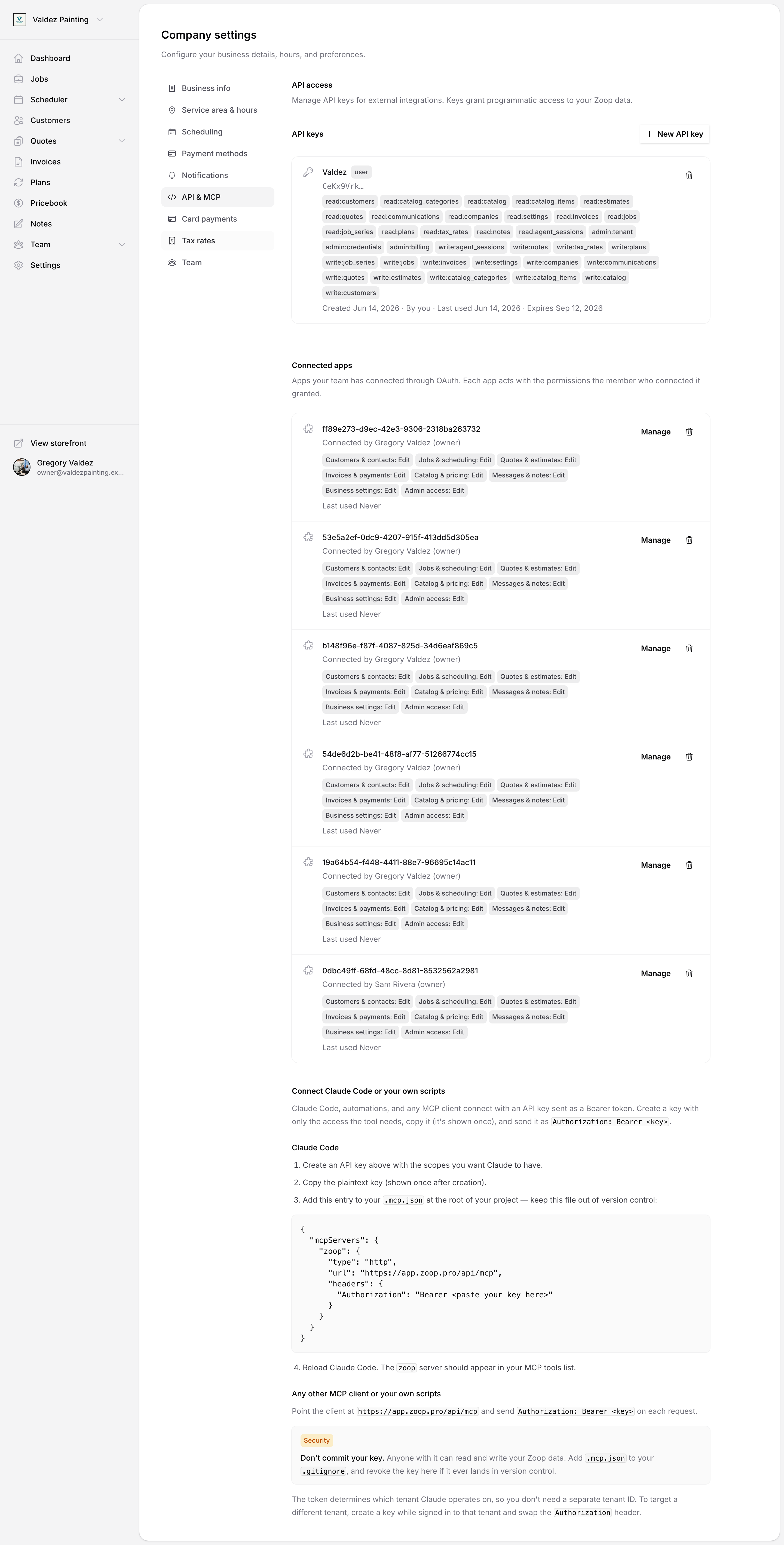 The external access page showing API keys and the Connected apps list, where each app shows who connected it, its granted permission-area badges, and Manage and Revoke actions.