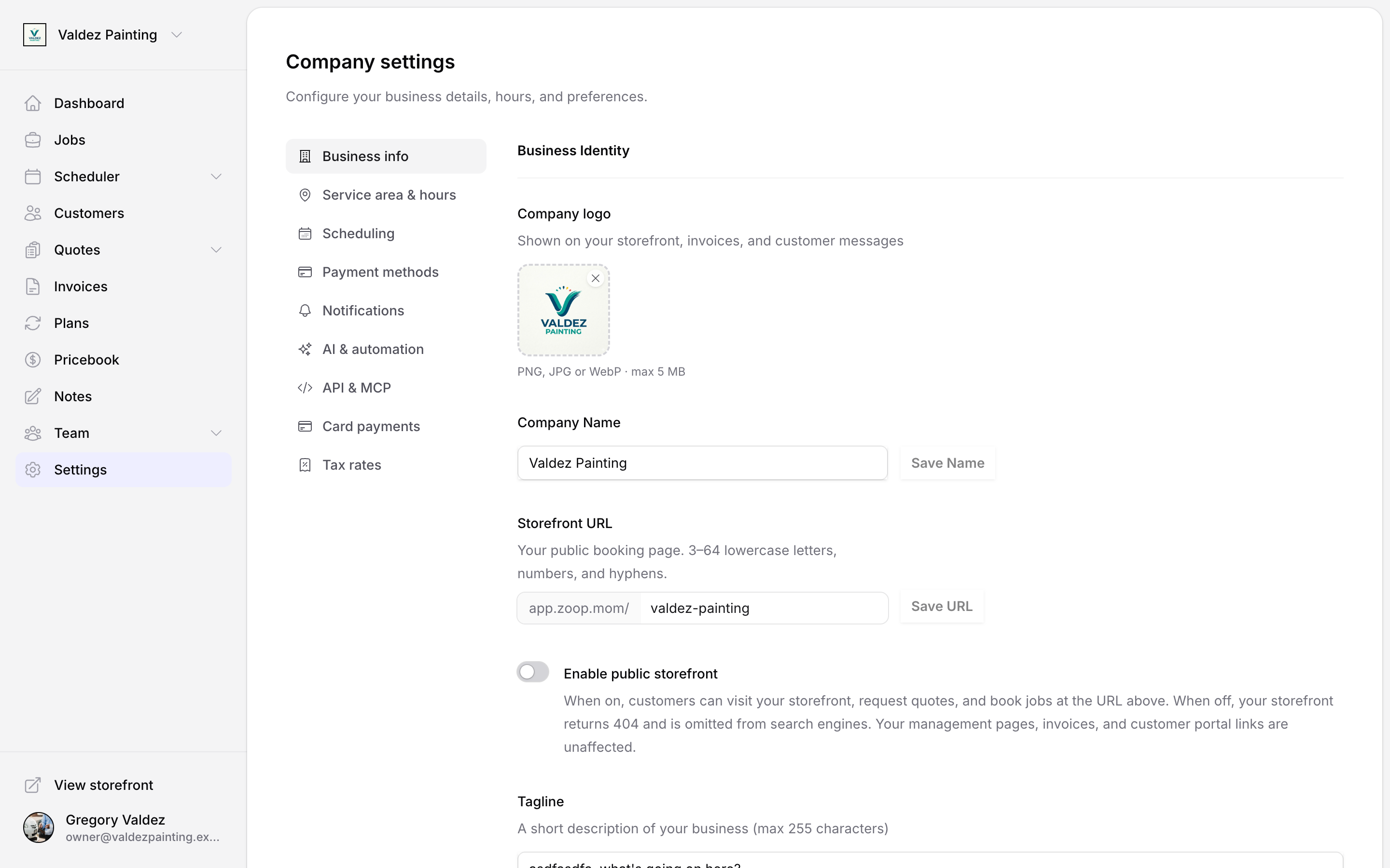 Settings sidebar showing Business info, Service area & hours, Scheduling, Payment methods, Notifications, AI & automation, API & MCP, Card payments, and Tax rates sections