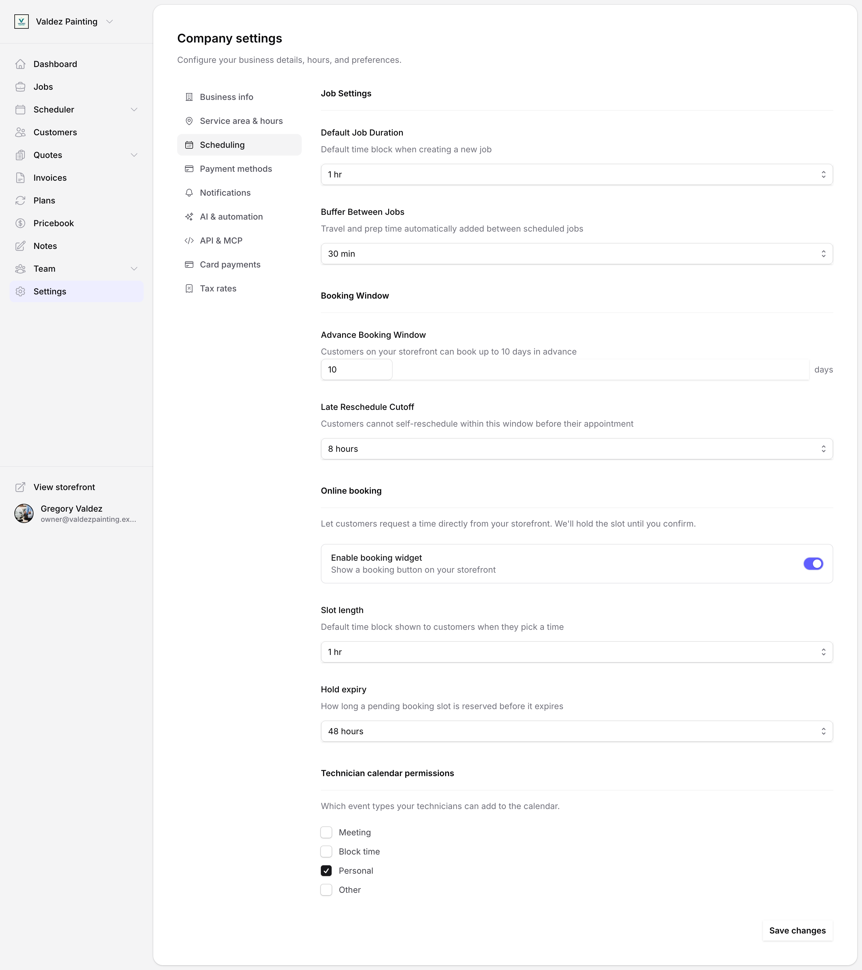 The Scheduling settings tab with the online booking toggle, slot length, and hold expiry
