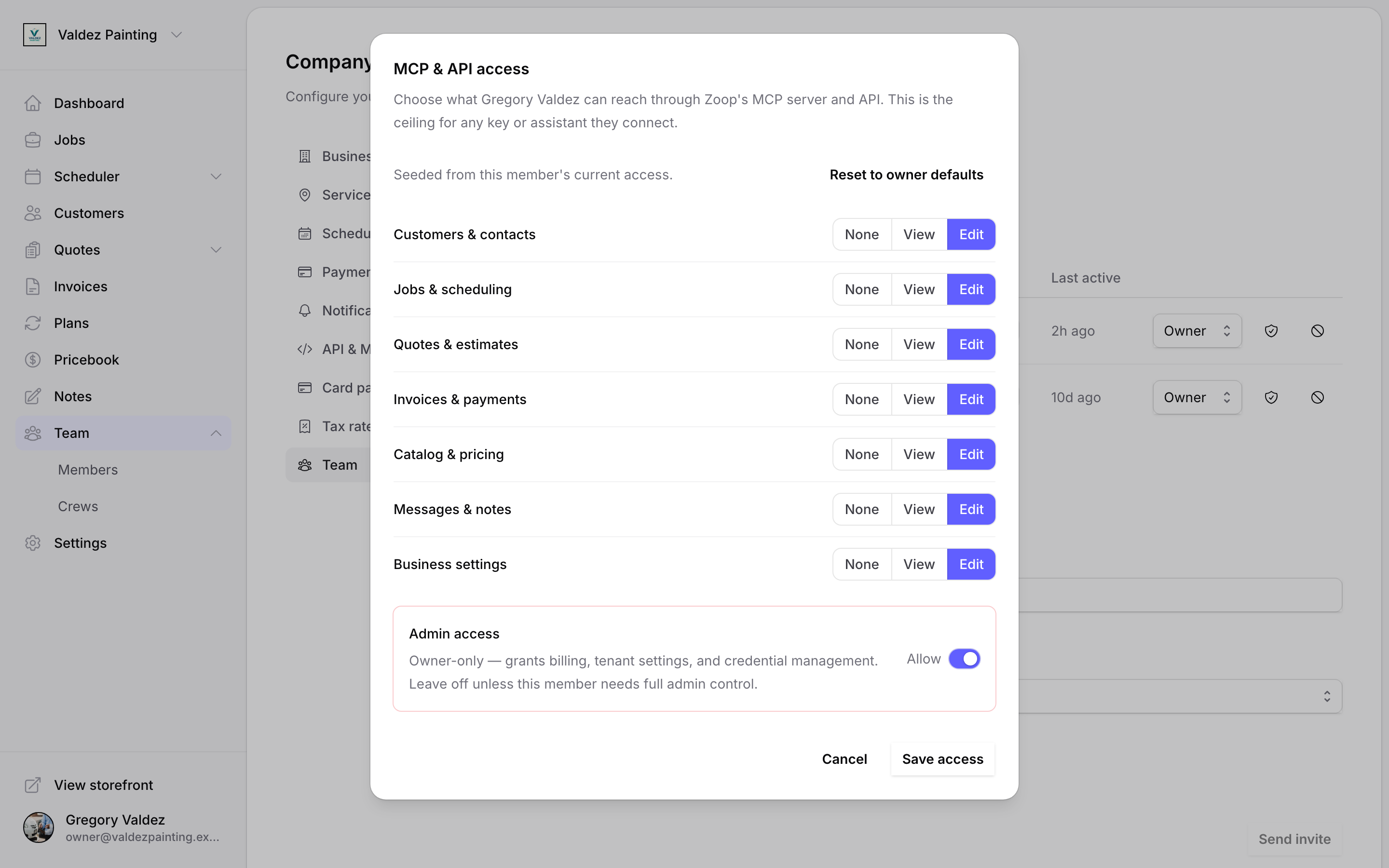 The MCP & API access dialog with the seven permission areas set to None, View, or Edit, plus an owner-only Admin access toggle.