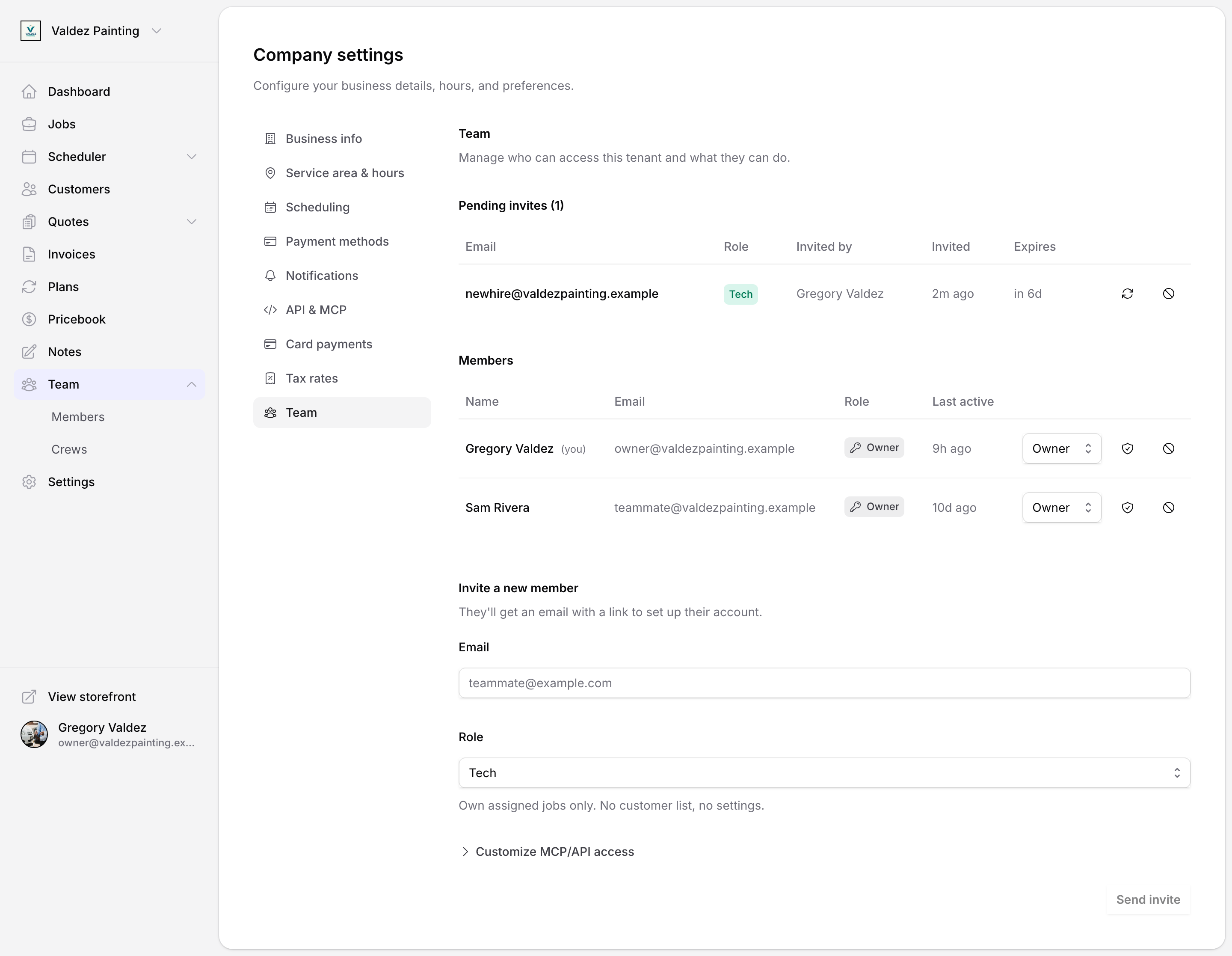 The Team settings page with a Pending invites table — the invited email, role, who invited them, when, expiry, and resend and revoke icons.