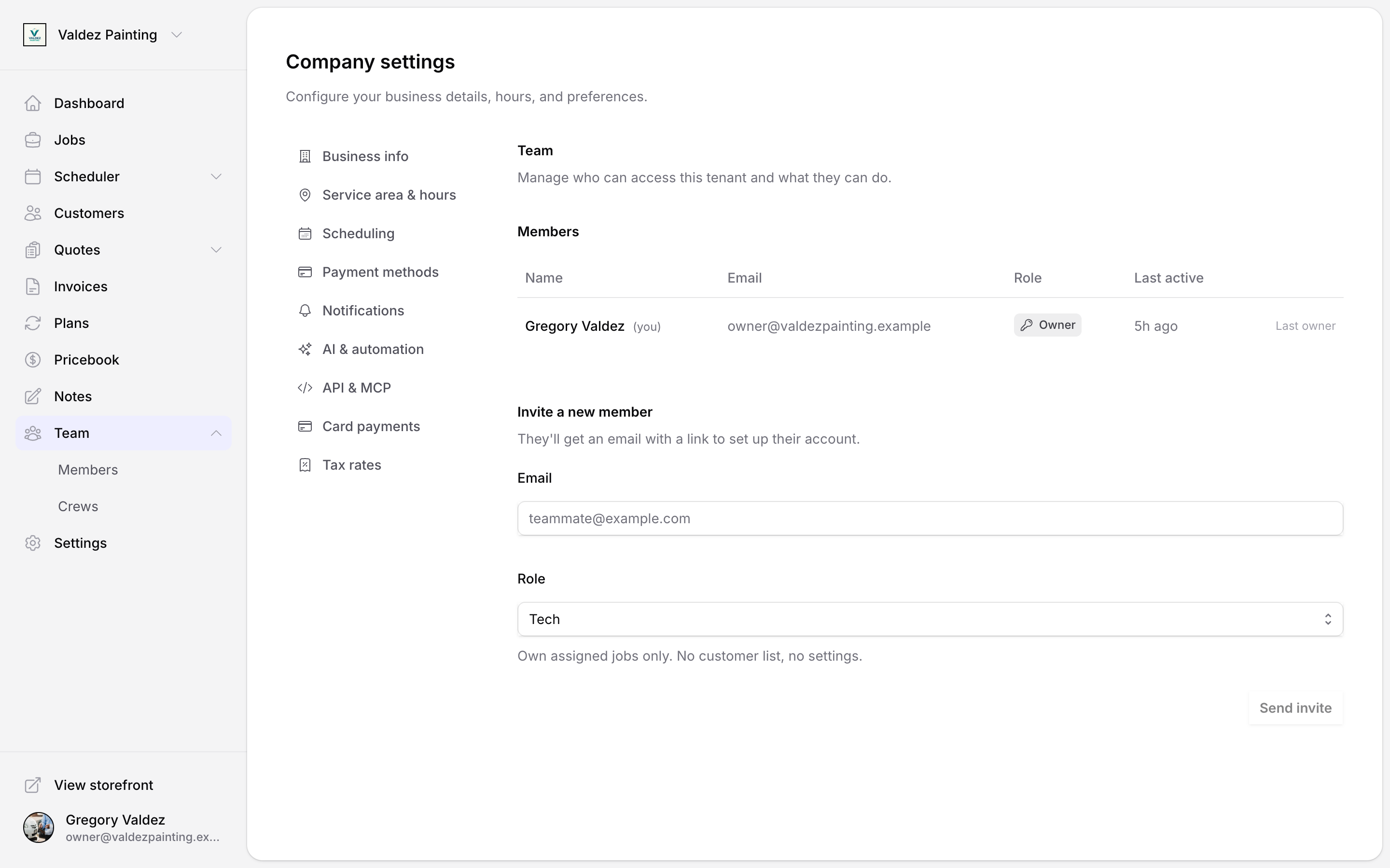 Team settings page showing the members table with one owner and the invite a new member form with role defaulting to Tech