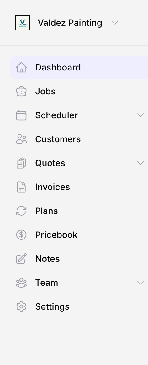 Zoop's left-hand menu, listing Dashboard, Jobs, Scheduler, Customers, Quotes, Invoices, Plans, Pricebook, Notes, Team, and Settings
